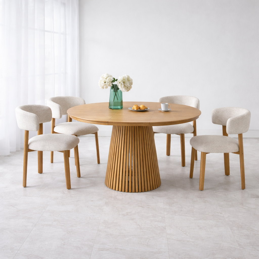 שולחן פינת אוכל עגול נפתח צבע עץ אלון 120-160 ס"מ דגם דילן + 4 כיסאות שירז צבע אלון בשילוב בד חול