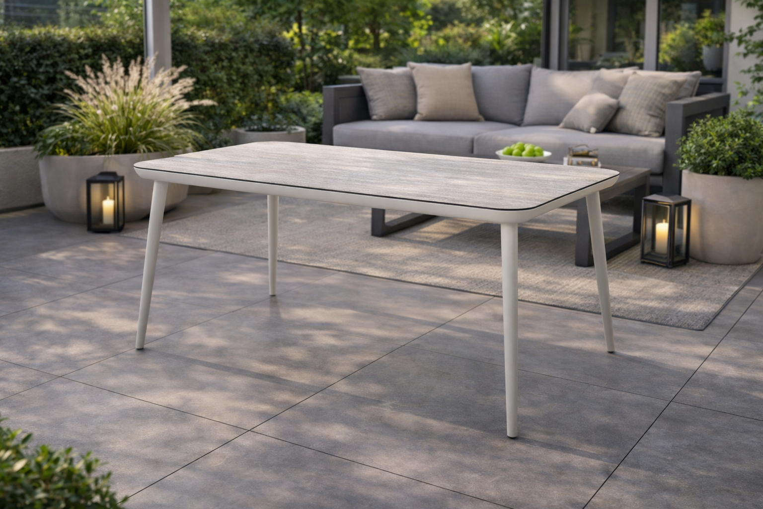 סט פינת אוכל לגינה מאלומיניום בצבע לבן בשילוב פלטה דמוי אבן בשילוב 4 כסאות 150*90 ס"מ דגם פרזלי