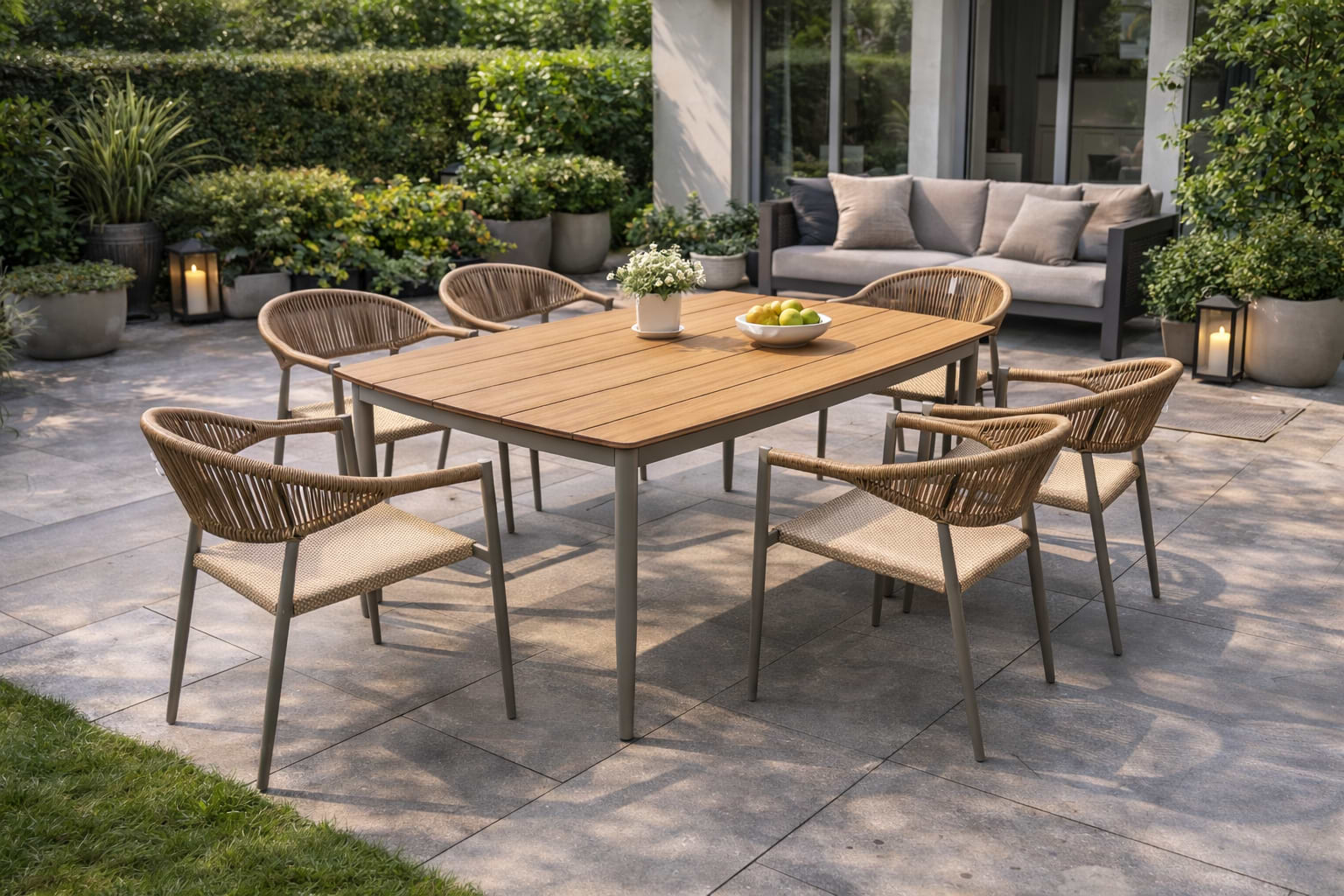 סט פינת אוכל לגינה שולחן ו 6 כסאות בשילוב דמוי עץ וראטן 160*90 ס"מ דגם מונטון