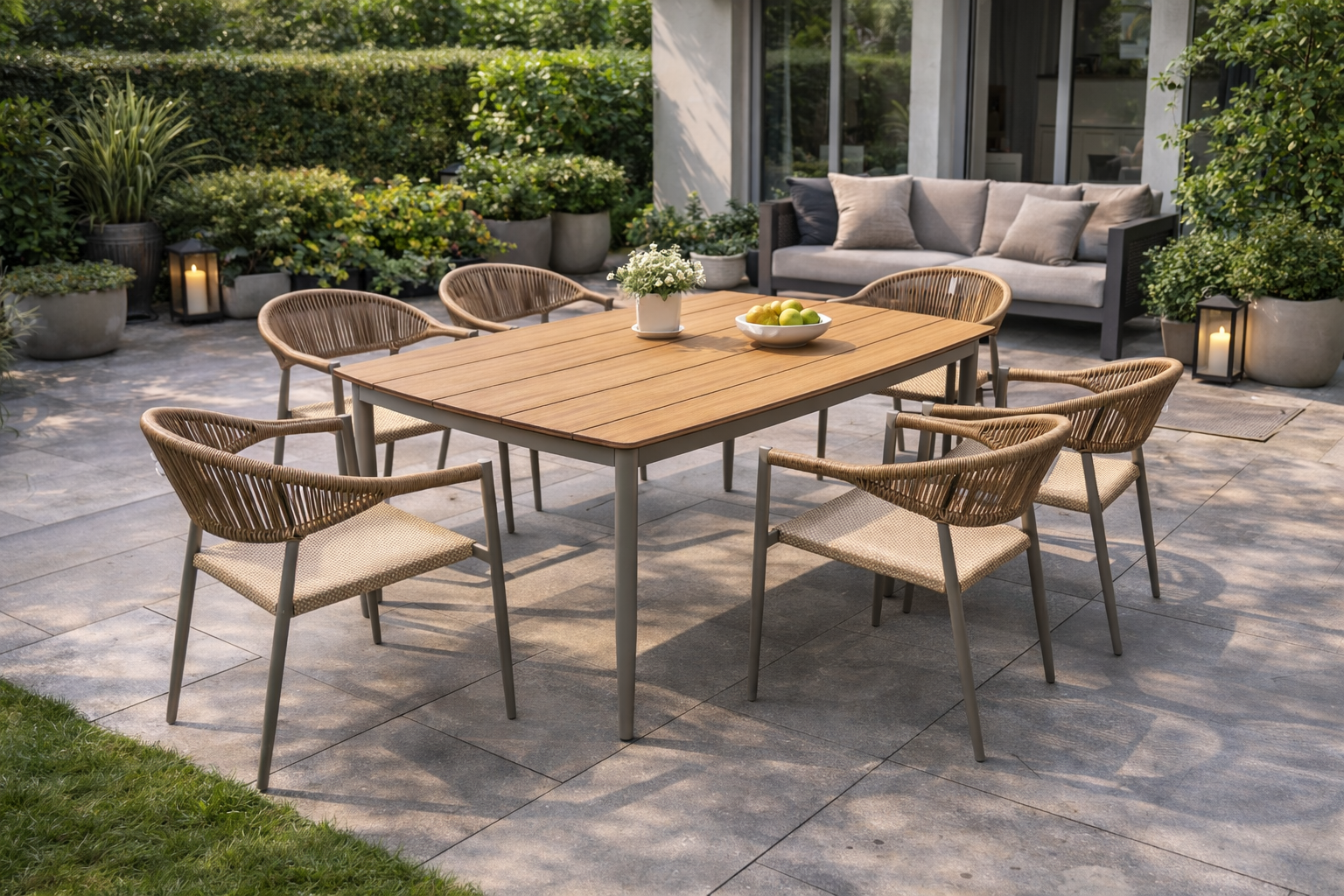 סט פינת אוכל לגינה שולחן ו 6 כסאות בשילוב דמוי עץ וראטן 160*90 ס"מ דגם מונטון