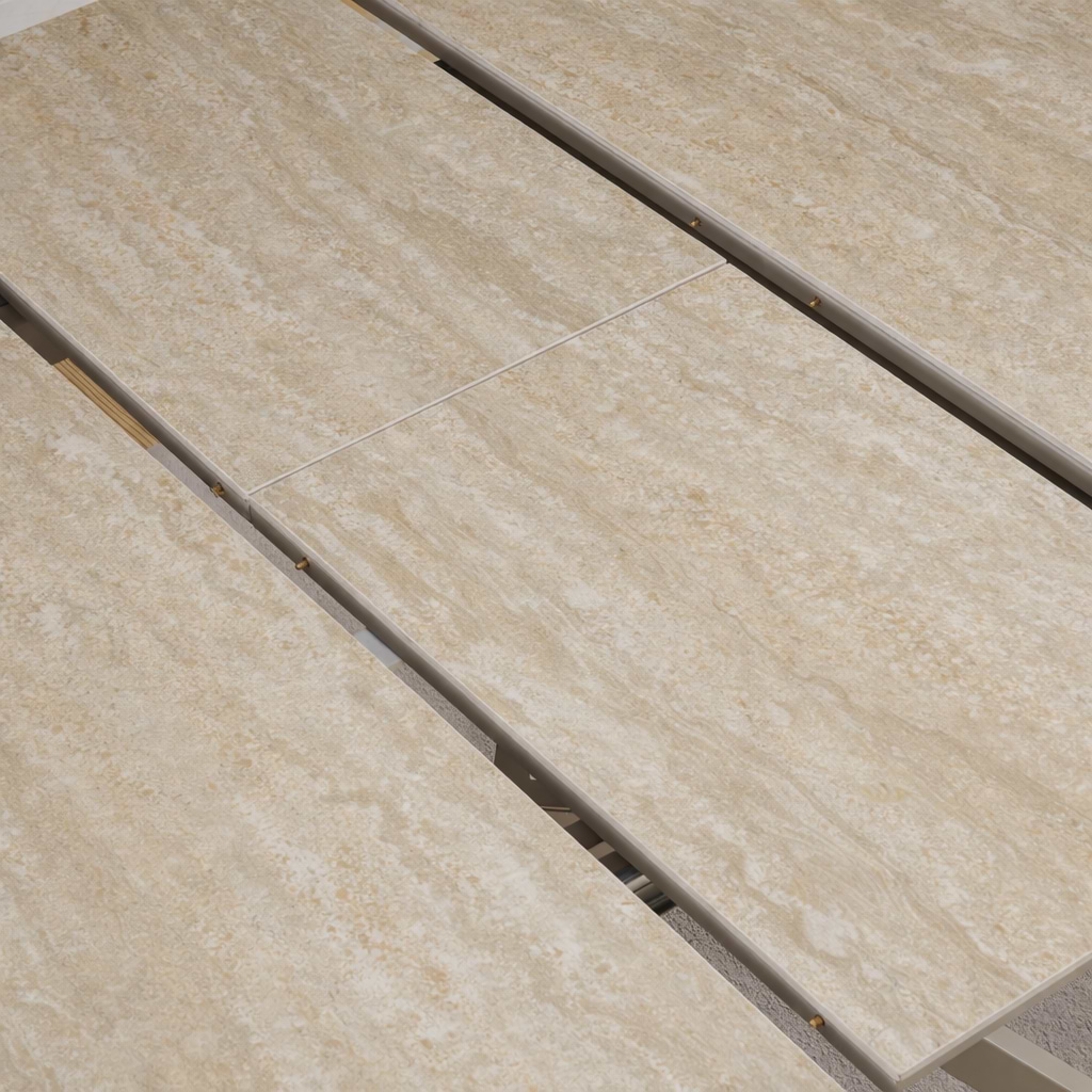 סט פינת אוכל שולחן עגול נפתח טרוונטין בשילוב רגל מתכת בצבע מייפל דגם דיאנה + 4 כיסאות דמוי עור בגוון סהרה רגל מייפל דגם סלינה