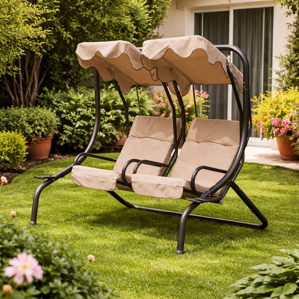 נדנדה זוגית לגינה 2 מושבים אפור כהה בשילוב בד בז' דגם קורפו