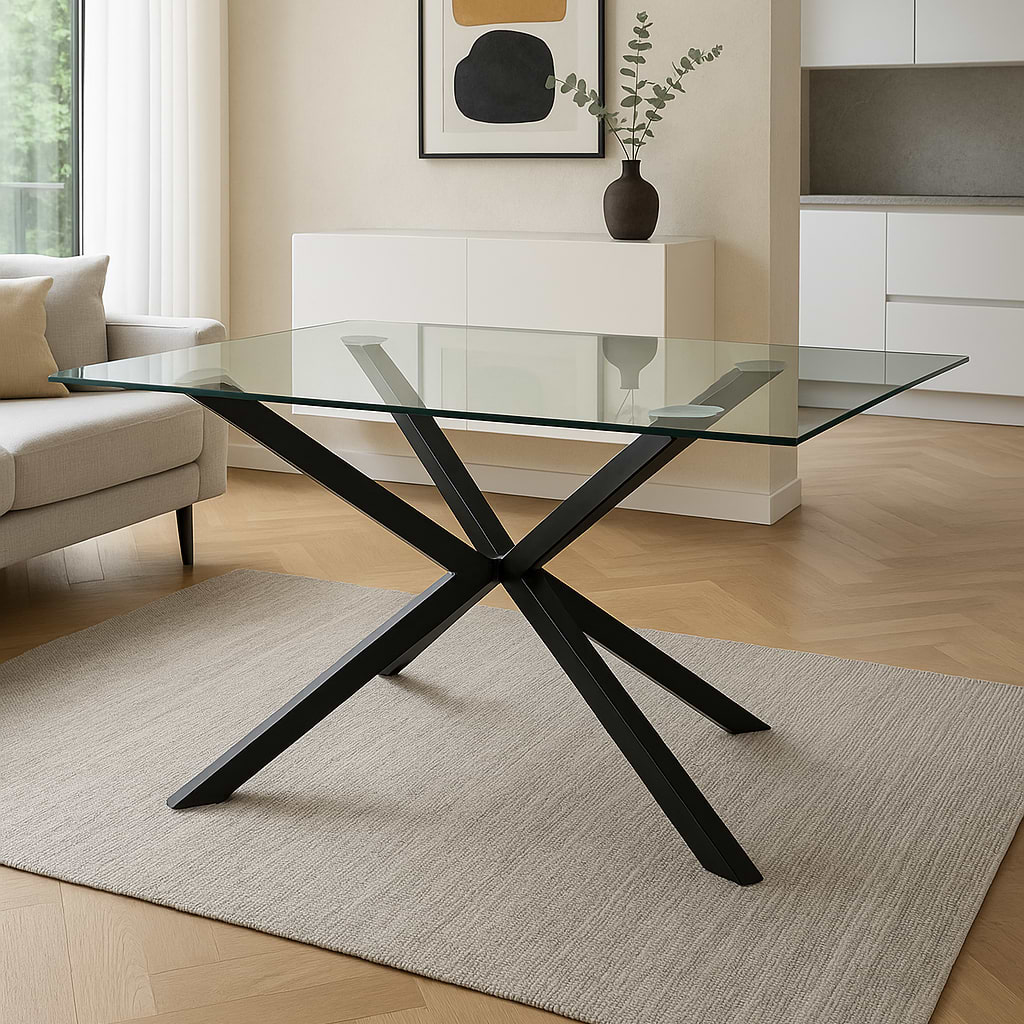 סט פינת אוכל שולחן זכוכית רגל שחורה בשילוב 4 כיסאות דמוי עור שחור דגם קאי