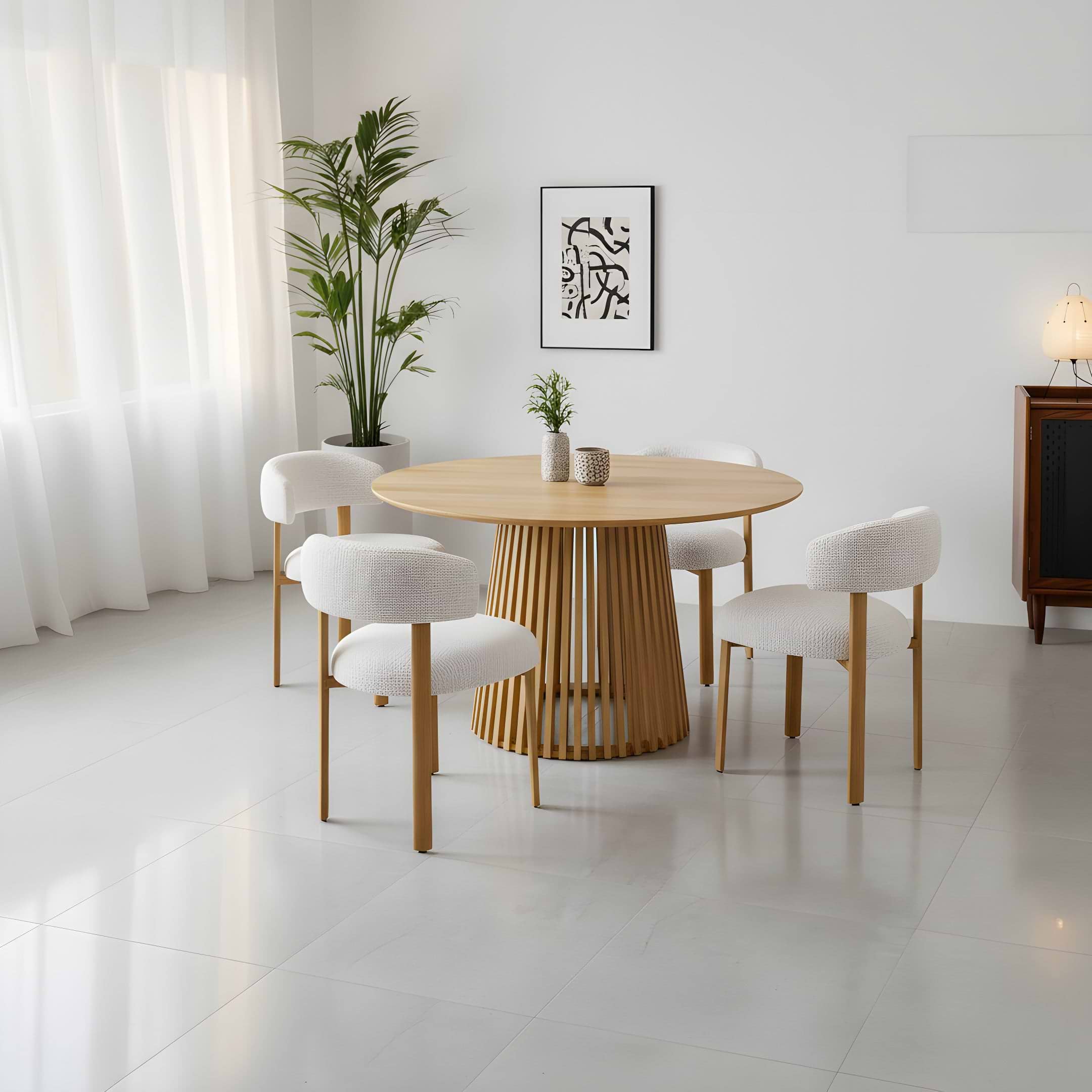 פינת אוכל שולחן עגול צבע עץ אלון 110 ס"מ דגם פורטו ו4 כיסאות חול בשילוב רגל בצבע אלון דגם שירז