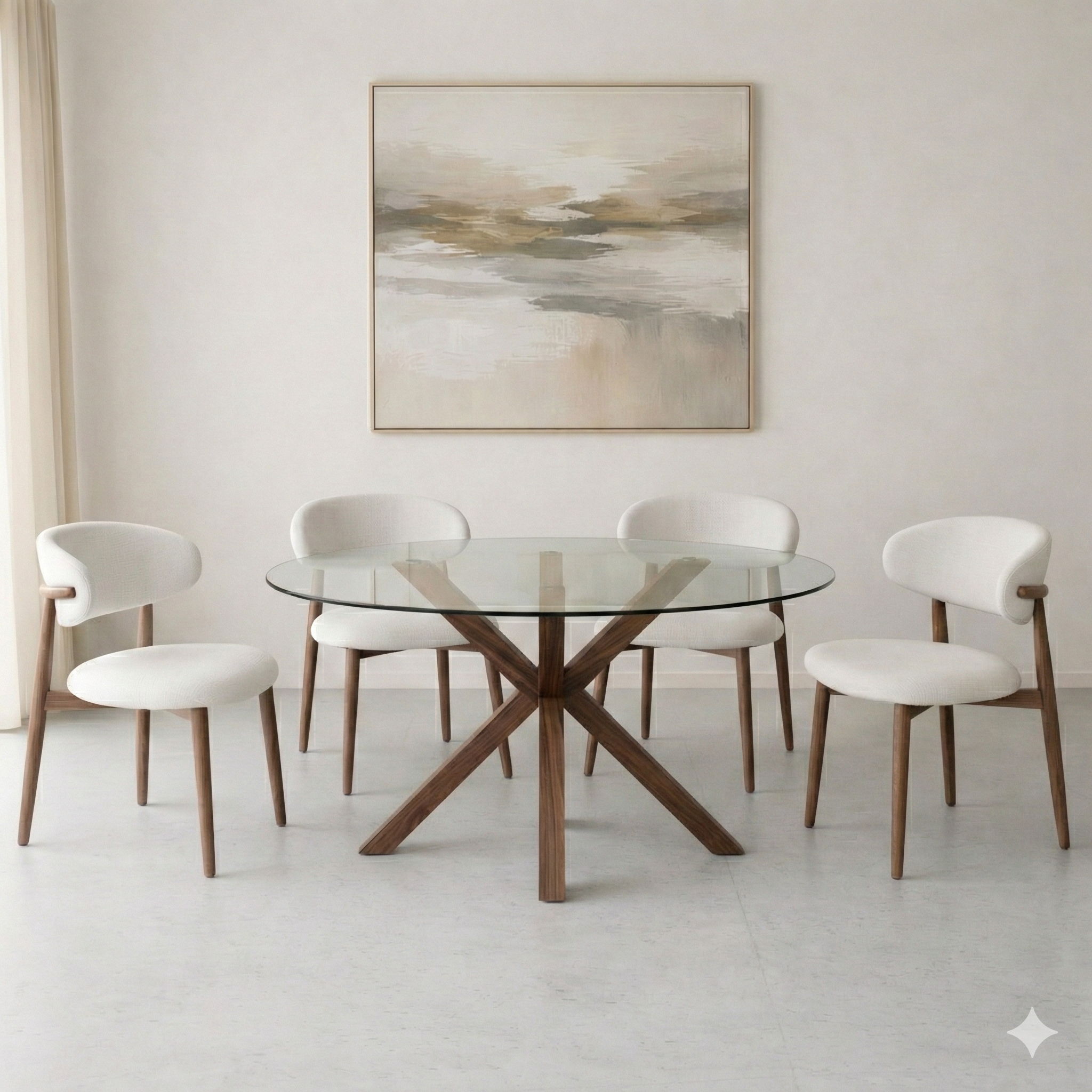 סט פינת אוכל שולחן זכוכית עגול רגל אגוז בשילוב 4 כיסאות ריפוד חול רגל אגוז celio