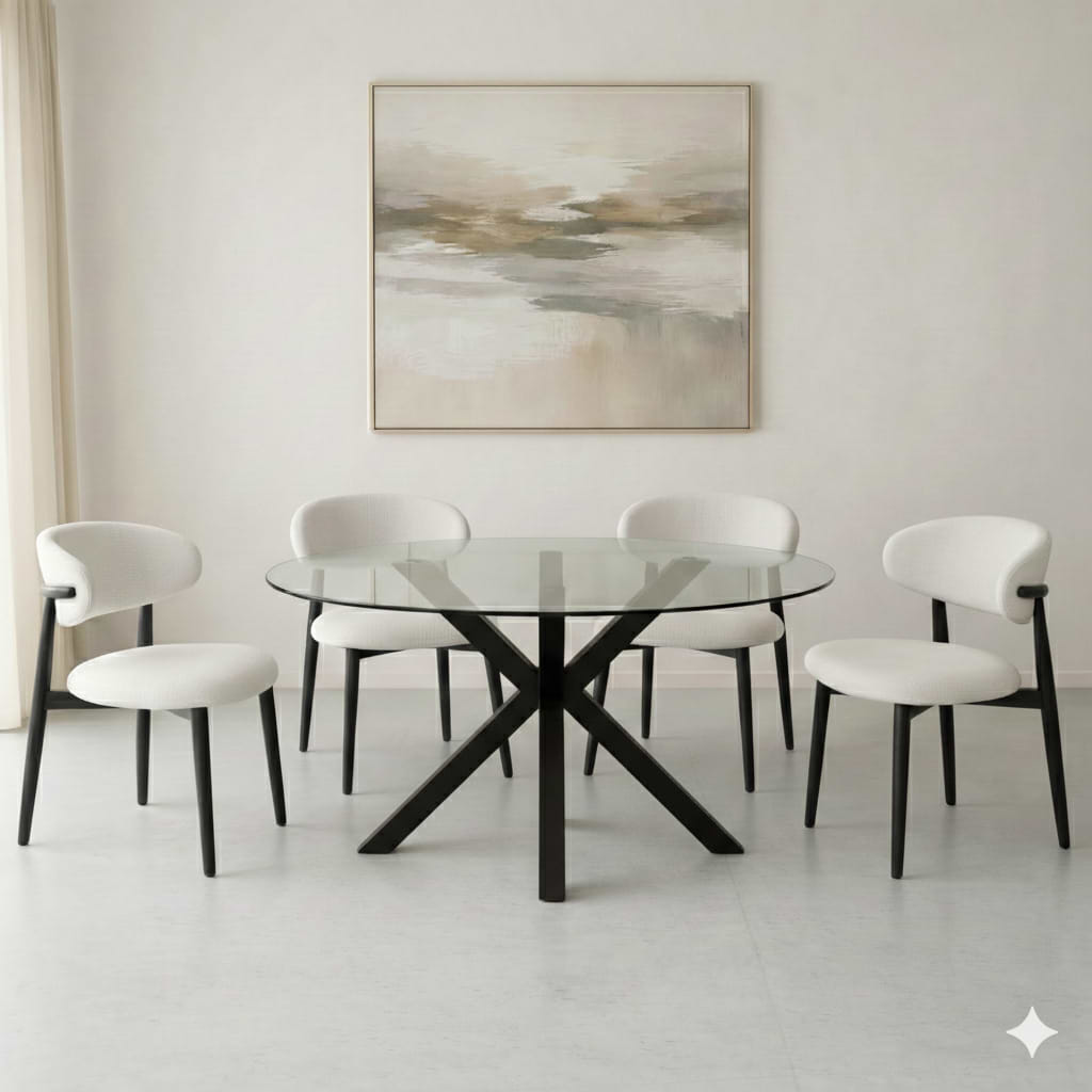 סט פינת אוכל שולחן זכוכית עגול רגל שחורה בשילוב 4 כיסאות ריפוד חול רגל שחורה celio