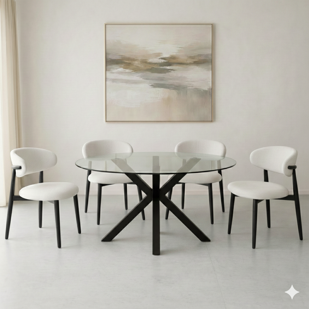 סט פינת אוכל שולחן זכוכית עגול רגל שחורה בשילוב 4 כיסאות ריפוד חול רגל שחורה celio