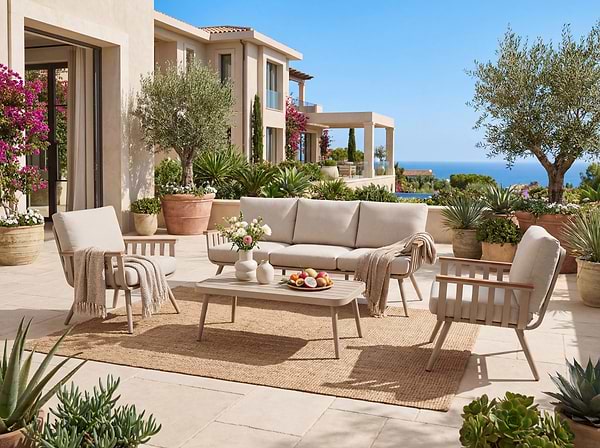 פינת ישיבה לגינה ספסל תלת אלומיניום בצבע שמפניה בשילוב ידיות בצבע עץ וכריות בז' דגם שיר