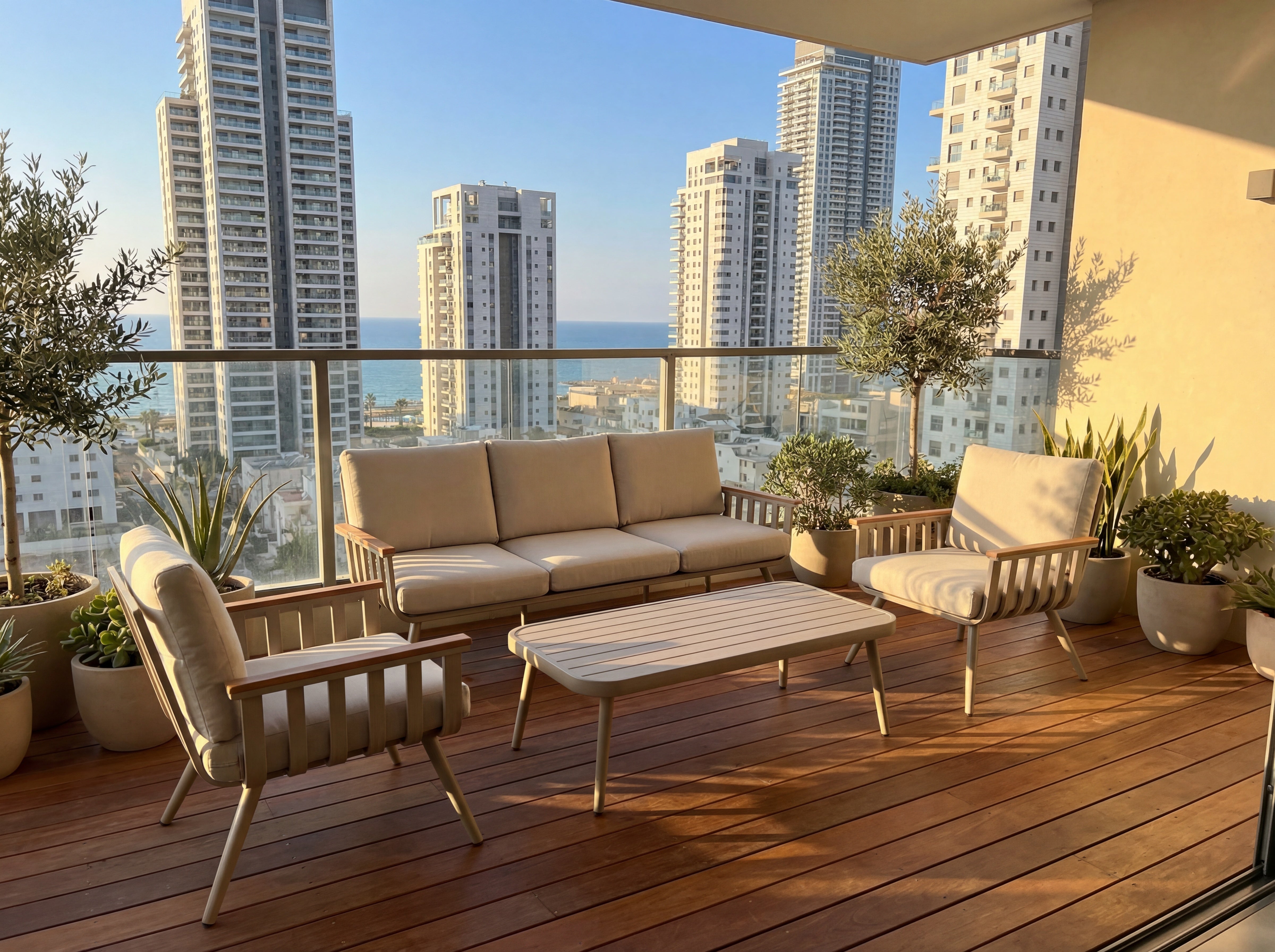 פינת ישיבה לגינה ספסל תלת אלומיניום בצבע שמפניה בשילוב ידיות בצבע עץ וכריות בז' דגם שיר