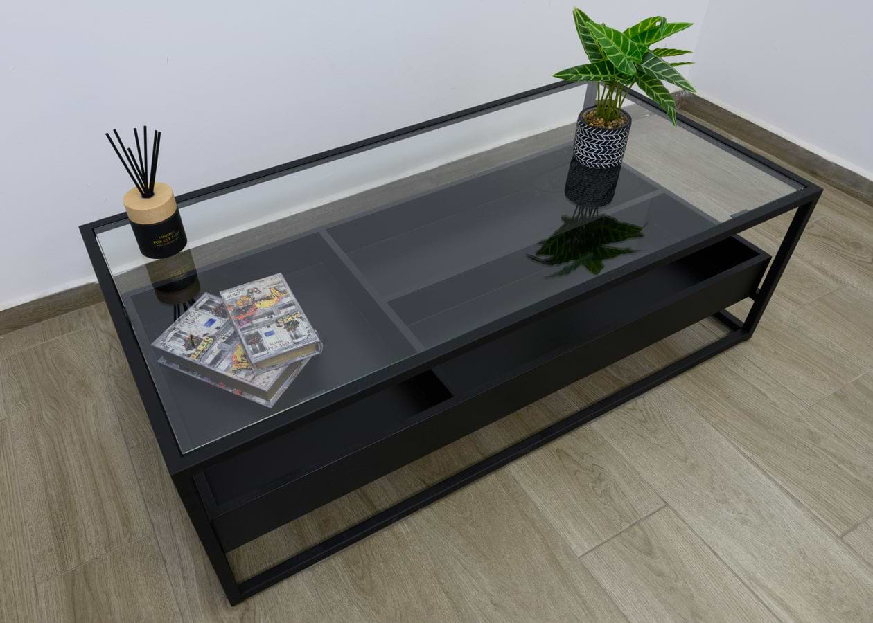 שולחן סלון מלבני מעץ בצבע שחור בשילוב זכוכית 120 ס"מ