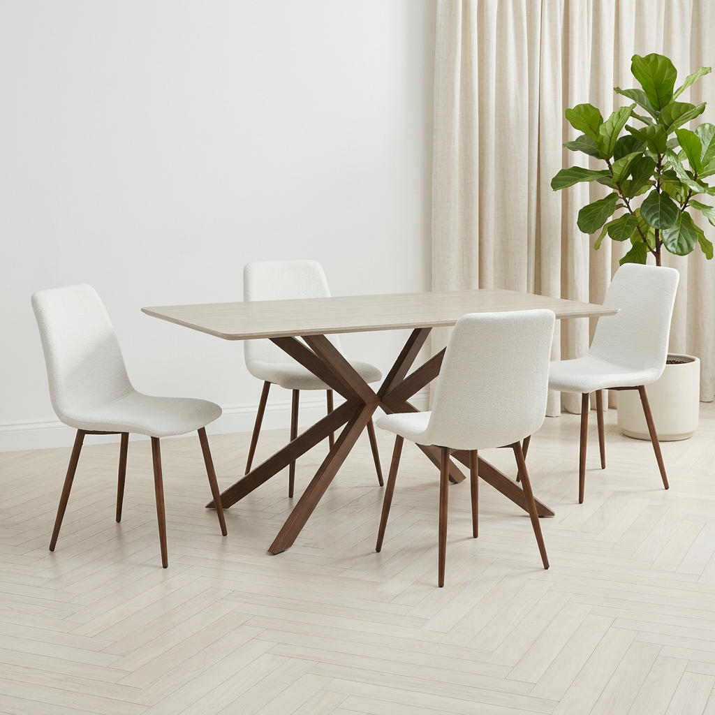 סט פינת אוכל שולחן פינת אוכל טרוורטין מלבני 140*80 ס"מ בשילוב רגל אגוז דגם victoria+ 4 כיסאות בד חול בשילוב רגל אגוז דגם שחר