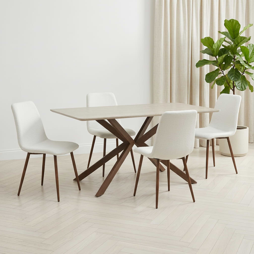 סט פינת אוכל שולחן פינת אוכל טרוורטין מלבני 160*90 ס"מ בשילוב רגל אגוז דגם victoria+ 4 כיסאות בד חול בשילוב רגל אגוז דגם שחר