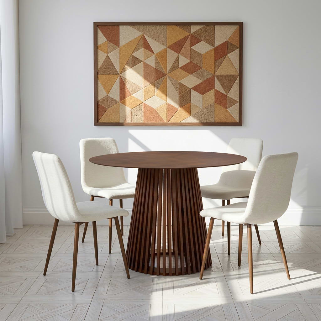 פינת אוכל שולחן עגול אגוז 110 ס"מ דגם פורטו + 4 כיסאות צבע קרם בשילוב רגל אגוז דגם שחר