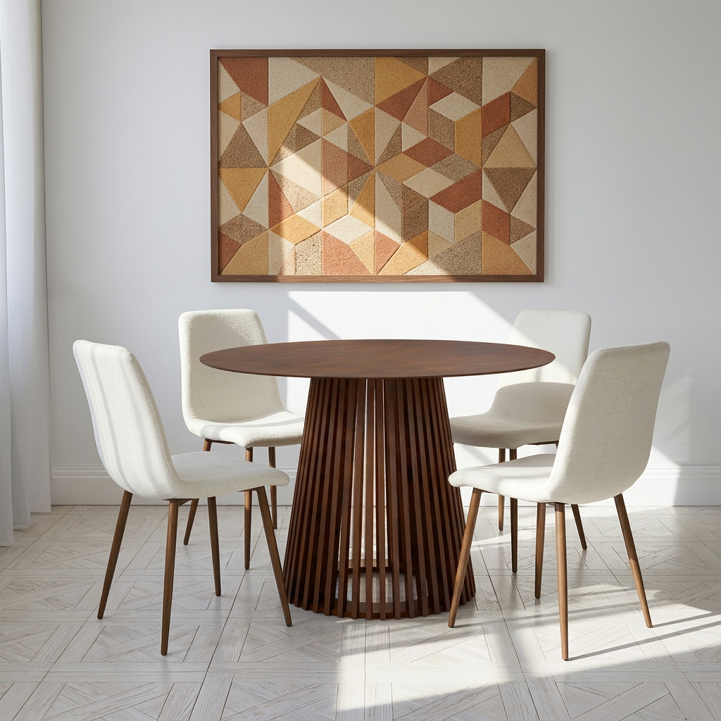 פינת אוכל שולחן עגול אגוז 110 ס"מ דגם פורטו + 4 כיסאות צבע קרם בשילוב רגל אגוז דגם שחר