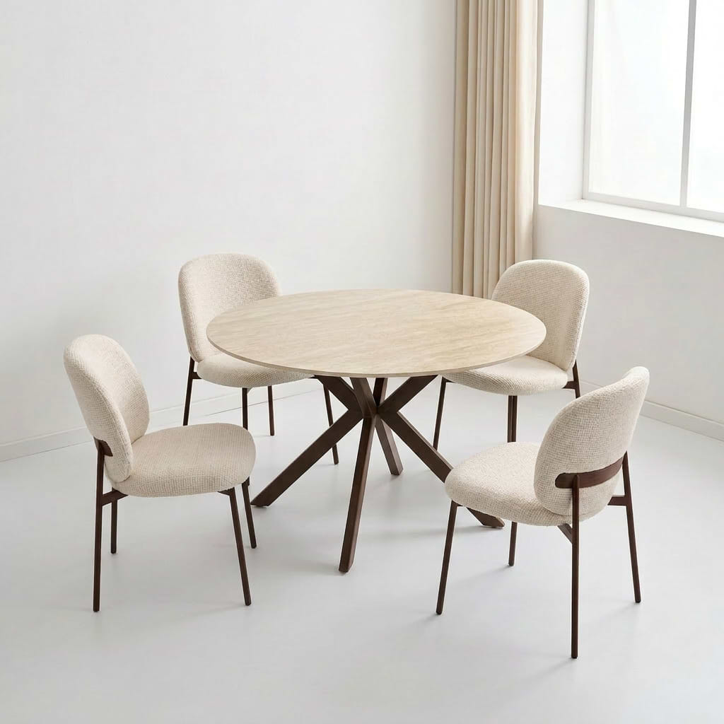 סט פינת אוכל שולחן פינת אוכל טרוורטין עגול 12 ס"מ בשילוב רגל אגוז דגם OSLO + 4 כיסאות בד שמנת בשילוב רגל אגוז דגם MIA
