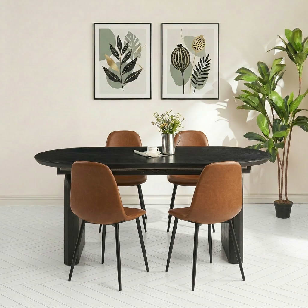 שולחן פינת אוכל מרטין נפתח צבע שחור 180-260*90 ס"מ בשילוב 4 כיסאות דמוי עור קוניאק דגם קאי