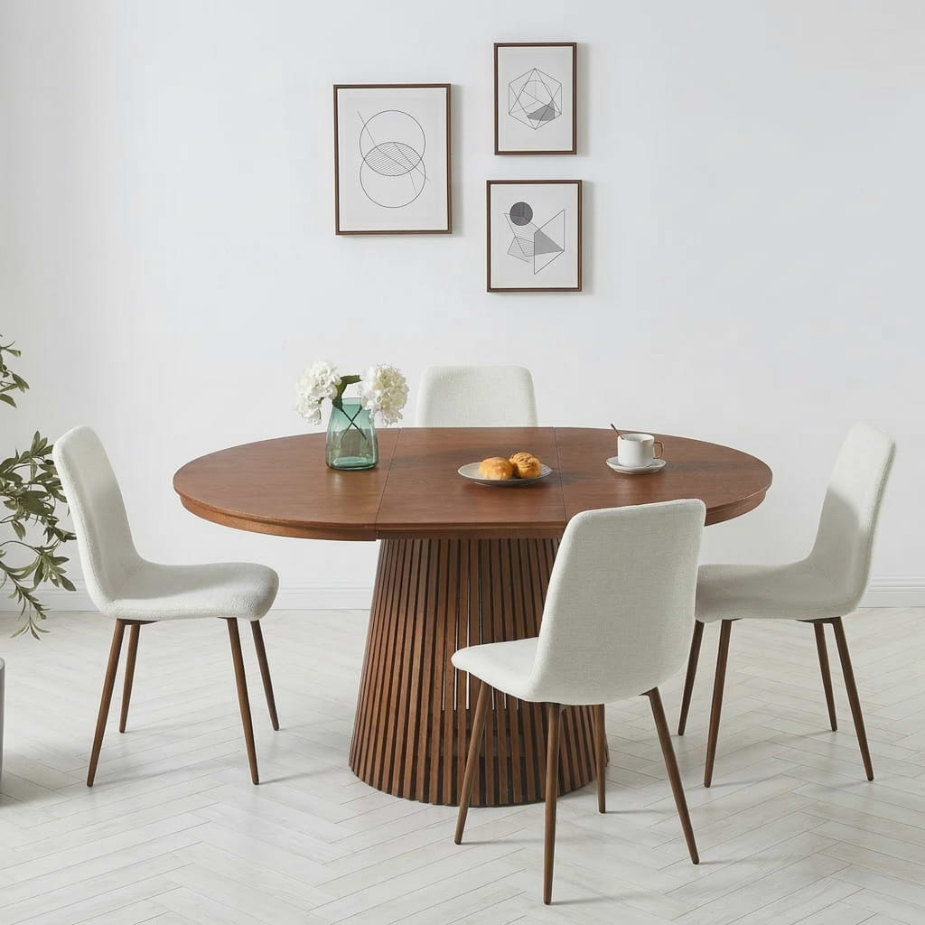 סט פינת אוכל שולחן עגול נפתח צבע עץ אגוז 120 ס"מ דגם דילן+4 כיסאות צבע קרם בשילוב רגל אגוז דגם שחר