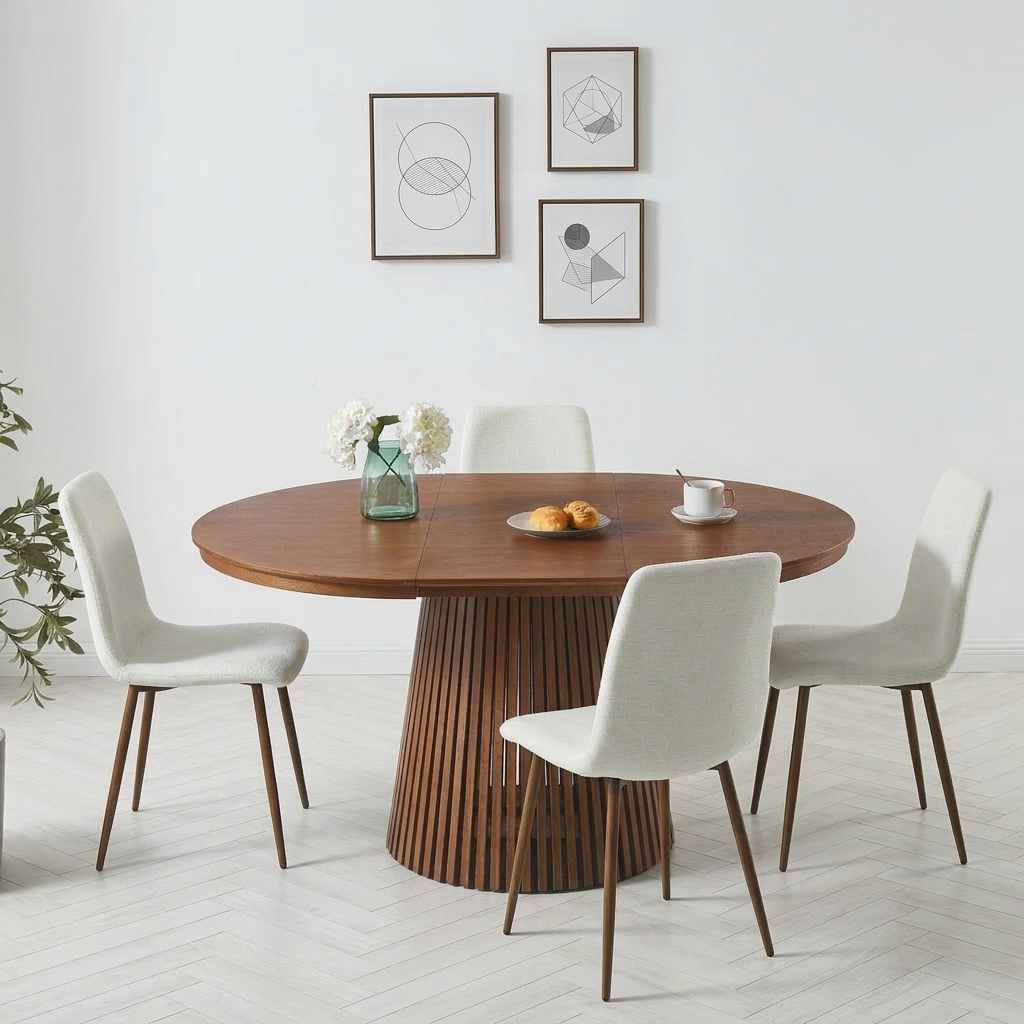 סט פינת אוכל שולחן עגול נפתח צבע עץ אגוז 120 ס"מ דגם דילן+4 כיסאות צבע קרם בשילוב רגל אגוז דגם שחר