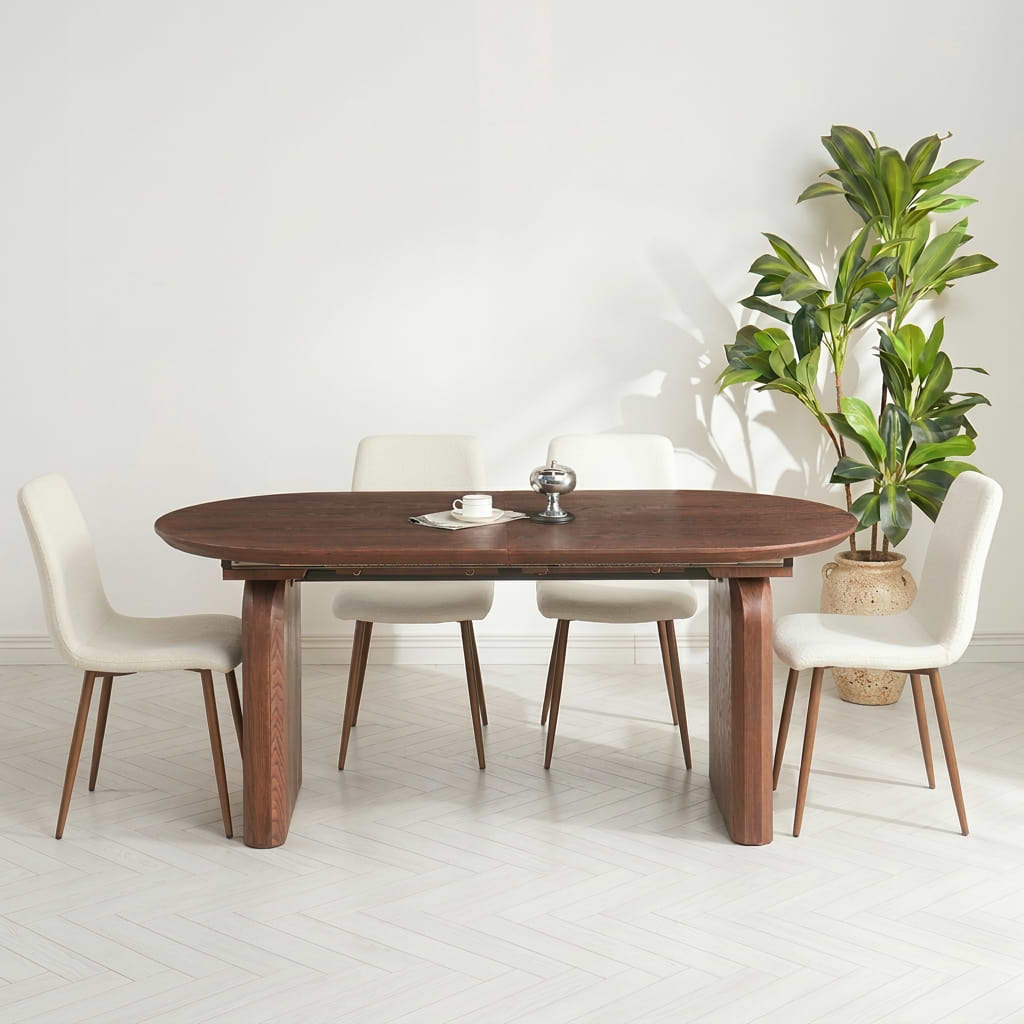 סט פינת אוכל שולחן אובלי נפתח צבע עץ אגוז 180-260*90 ס"מ דגם מרטין+ 4 כיסאות צבע קרם בשילוב רגל אגוז דגם שחר