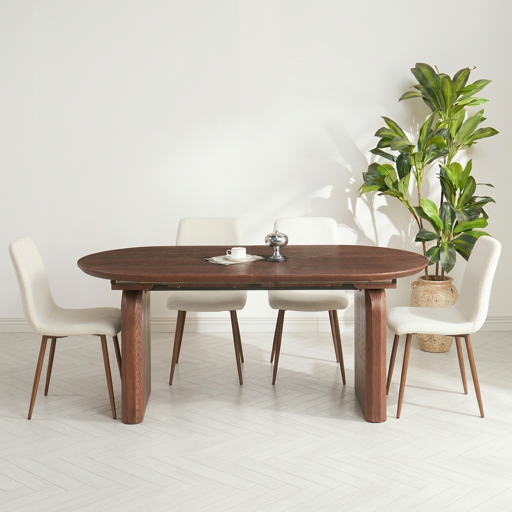 סט פינת אוכל שולחן אובלי נפתח צבע עץ אגוז 180-260*90 ס"מ דגם מרטין+ 4 כיסאות צבע קרם בשילוב רגל אגוז דגם שחר