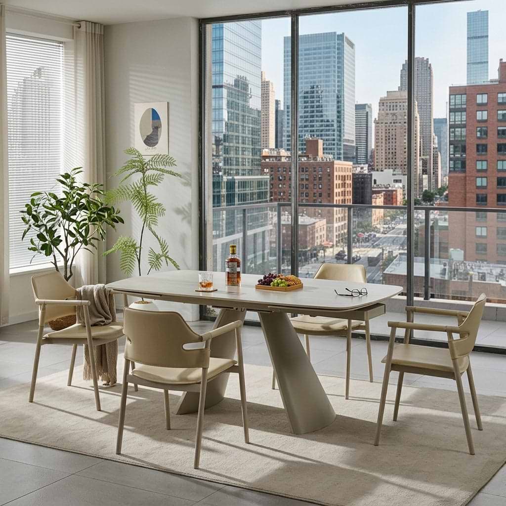 סט פינת אוכל שולחן מלבני נפתח טרוונטין בשילוב רגל מתכת בצבע מייפל דגם LEO + 4 כיסאות דמוי עור בגוון סהרה רגל מייפל דגם סלינה