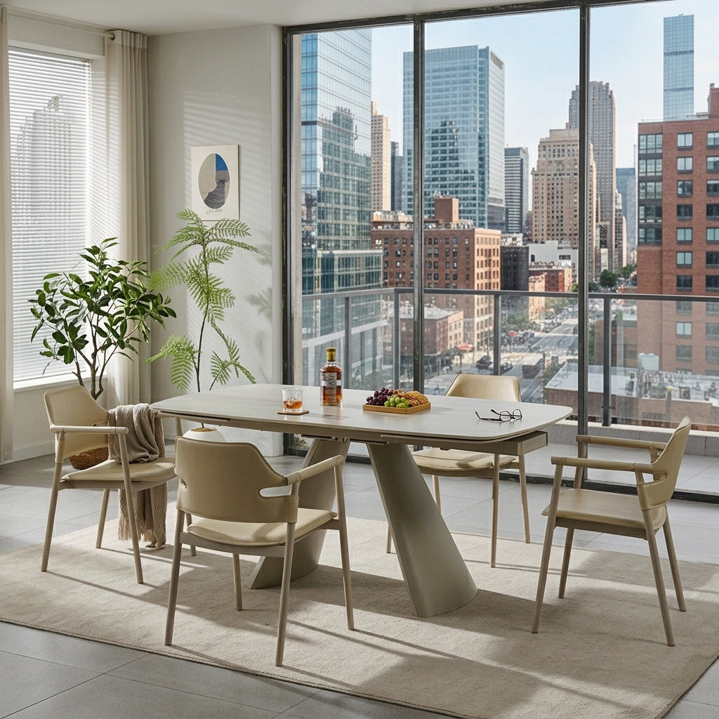 סט פינת אוכל שולחן מלבני נפתח טרוונטין בשילוב רגל מתכת בצבע מייפל דגם LEO + 4 כיסאות דמוי עור בגוון סהרה רגל מייפל דגם סלינה