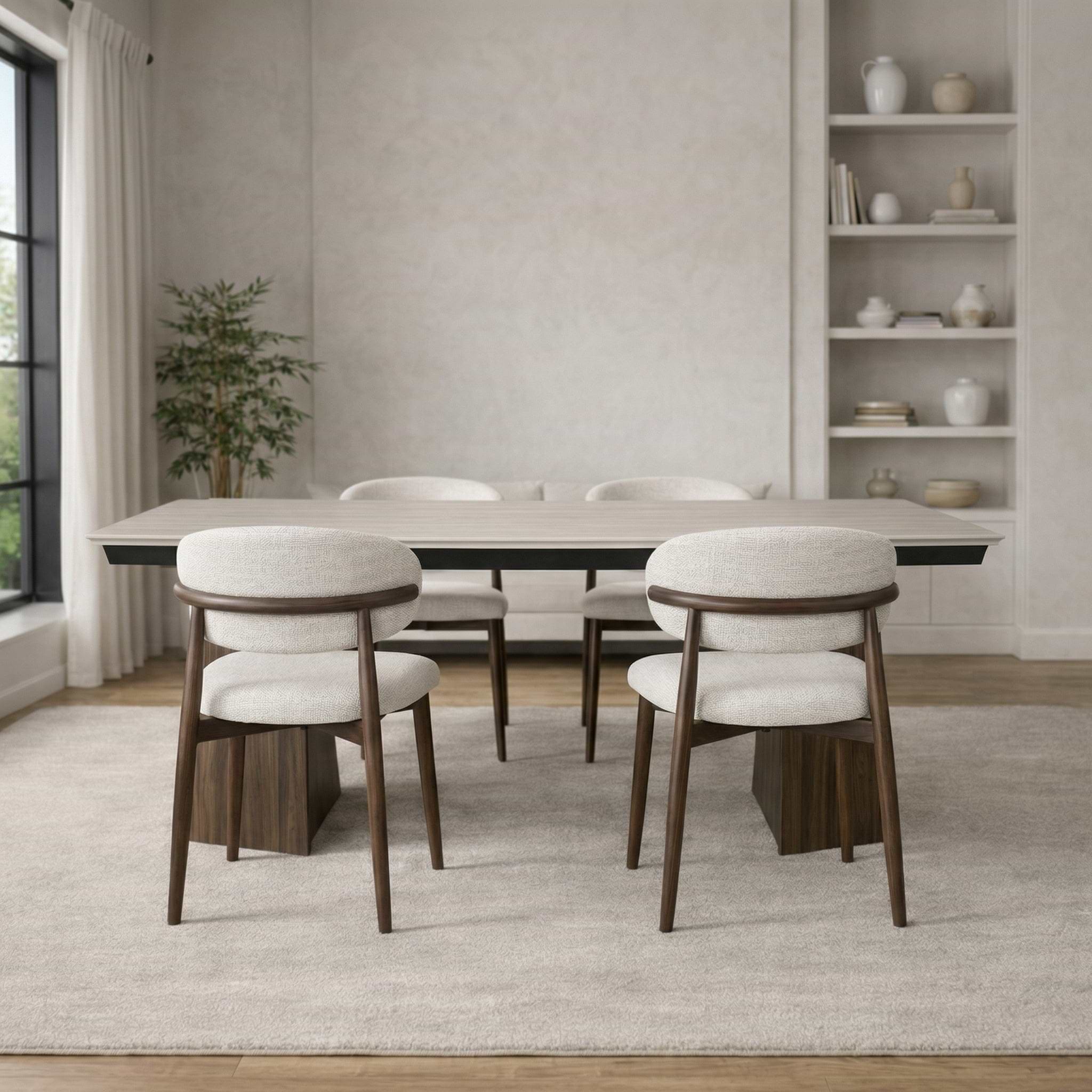 פינת אוכל שולחן מלבני נפתח טרוורטין עם רגליים בצבע אגוז 160-240*90 ס"מ PAROS ו4 כיסאות חול בשילוב רגל דמוי אגוז דגם CELIO