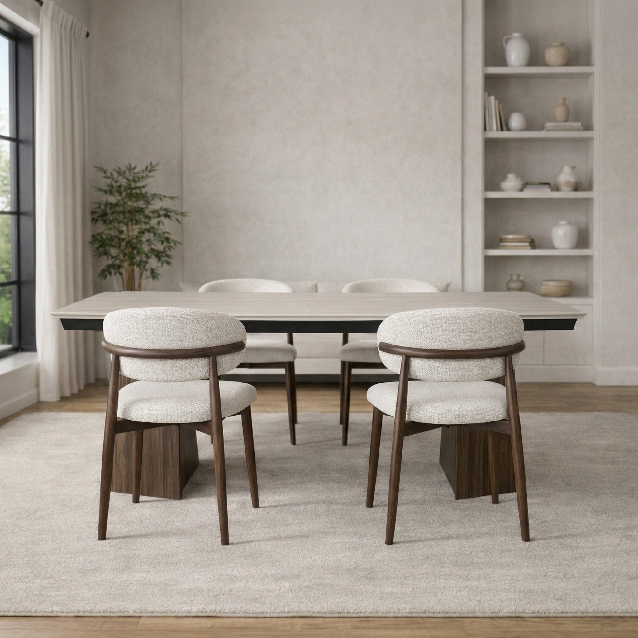 פינת אוכל שולחן מלבני נפתח טרוורטין עם רגליים בצבע אגוז 160-240*90 ס"מ PAROS ו4 כיסאות חול בשילוב רגל דמוי אגוז דגם CELIO