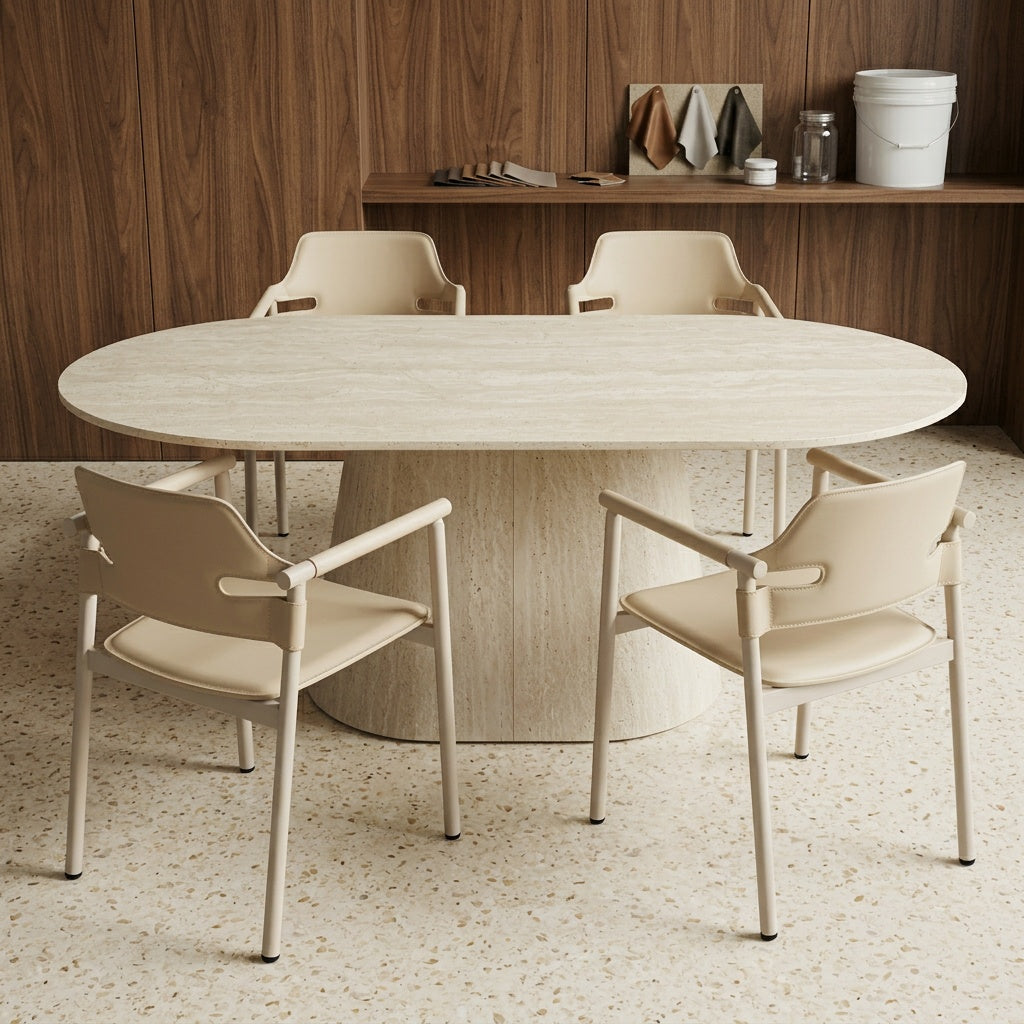 סט פינת אוכל שולחן פינת אוכל טרוורטין אובלי 200*100 ס"מ בשילוב 4 כיסאות דמוי עור ורגל מייפל דגם סלינה