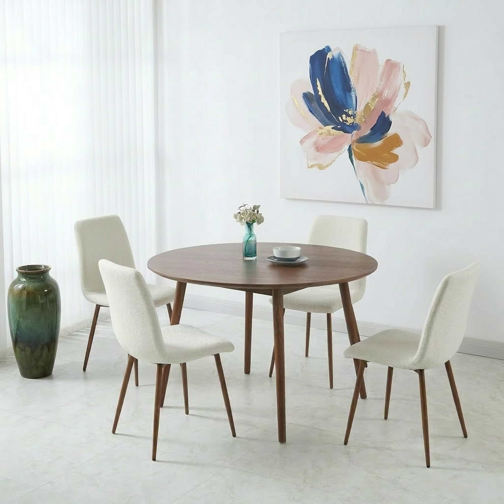 סט פינת אוכל שולחן עגול צבע עץ אגוז קוטר 120 ס"מ דגם דניאל+ 4 כיסאות צבע קרם בשילוב רגל אגוז דגם שחר