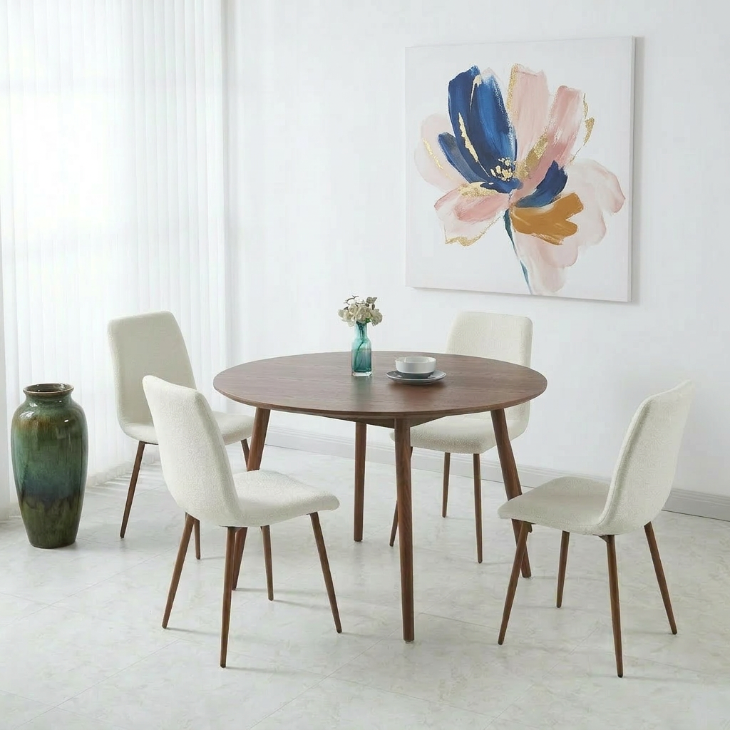 סט פינת אוכל שולחן עגול צבע עץ אגוז קוטר 120 ס"מ דגם דניאל+ 4 כיסאות צבע קרם בשילוב רגל אגוז דגם שחר