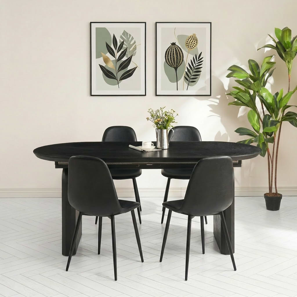 שולחן פינת אוכל מרטין נפתח צבע שחור 180-260*90 ס"מ בשילוב 4 כיסאות דמוי עור שחור דגם קאי