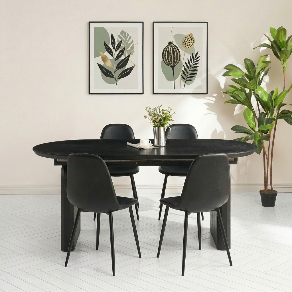 שולחן פינת אוכל מרטין נפתח צבע שחור 180-260*90 ס"מ בשילוב 4 כיסאות דמוי עור שחור דגם קאי
