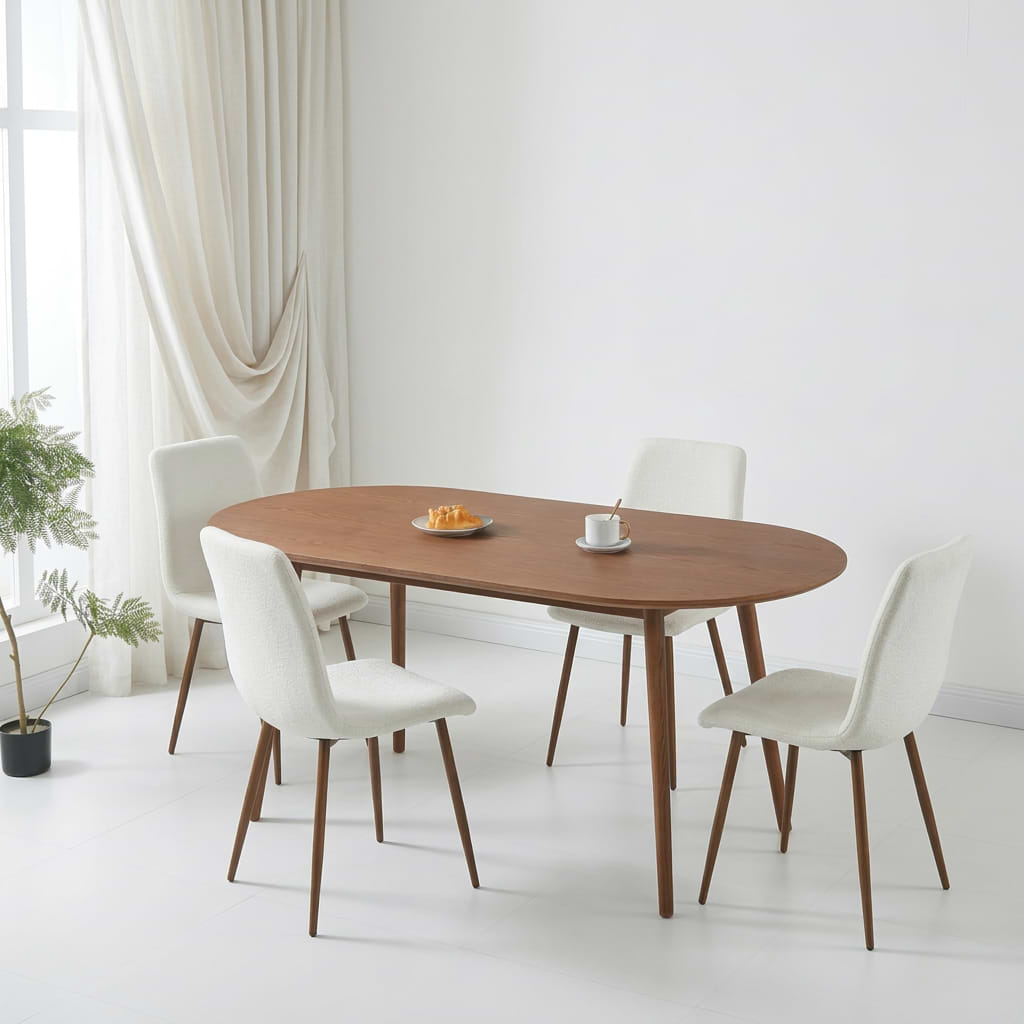 סט פינת אוכל שולחן אובלי צבע עץ אלון 180*90 ס"מ דגם סלסטה + 4 כיסאות צבע קרם בשילוב רגל אגוז דגם שחר