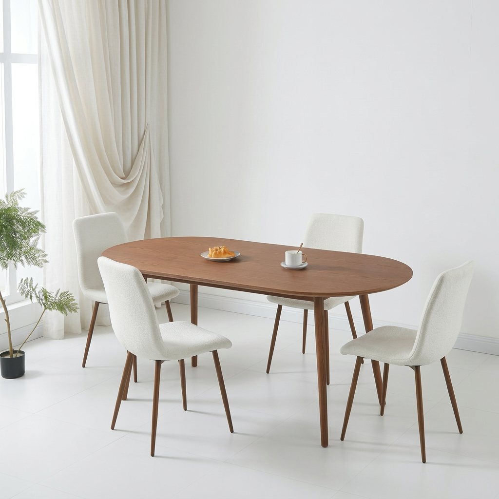 סט פינת אוכל שולחן אובלי צבע עץ אלון 180*90 ס"מ דגם סלסטה + 4 כיסאות צבע קרם בשילוב רגל אגוז דגם שחר