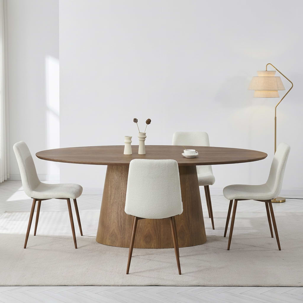 סט פינת אוכל שולחן אוכל אובלי מעץ בצבע אגוז 200*100 ס"מ ALTON+ 4 כיסאות בד חול בשילוב רגל אגוז דגם שחר