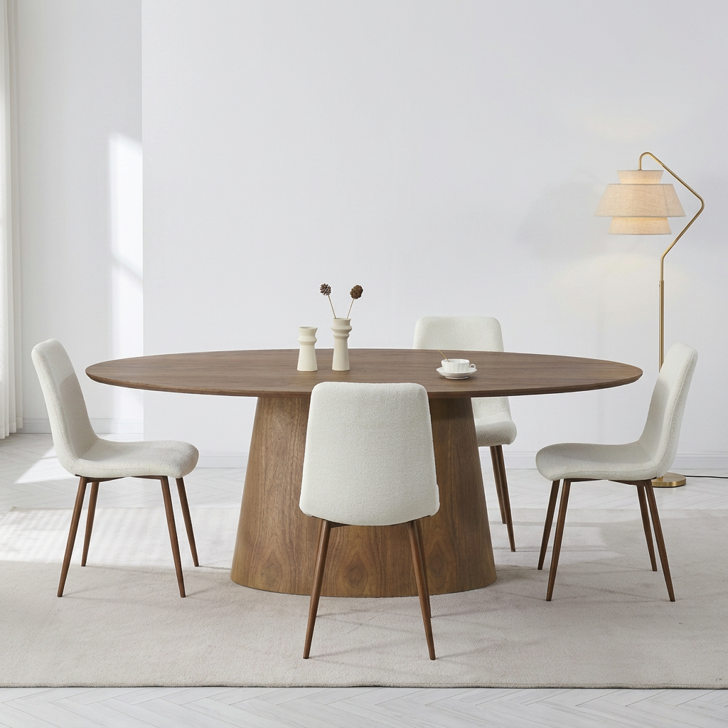 סט פינת אוכל שולחן אוכל אובלי מעץ בצבע אגוז 200*100 ס"מ ALTON+ 4 כיסאות בד חול בשילוב רגל אגוז דגם שחר