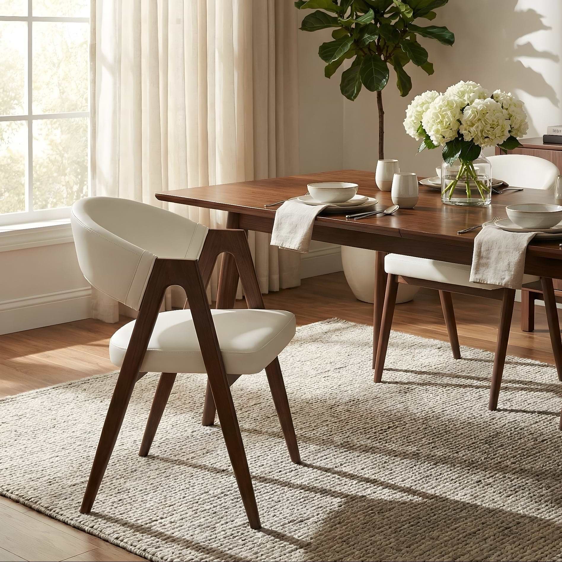 סט שולחן אוכל זכוכית רגל דמוי עץ אגוז ובשילוב 4 כסאות דמוי עור בשילוב רגל אגוז דגם מודרן