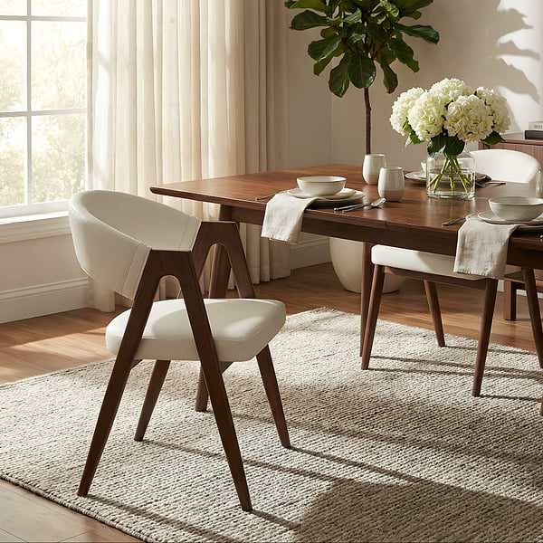 כסא לפינת אוכל מרופד דמוי עור בצבע סהרה בשילוב רגלי אגוז דגם מודרן