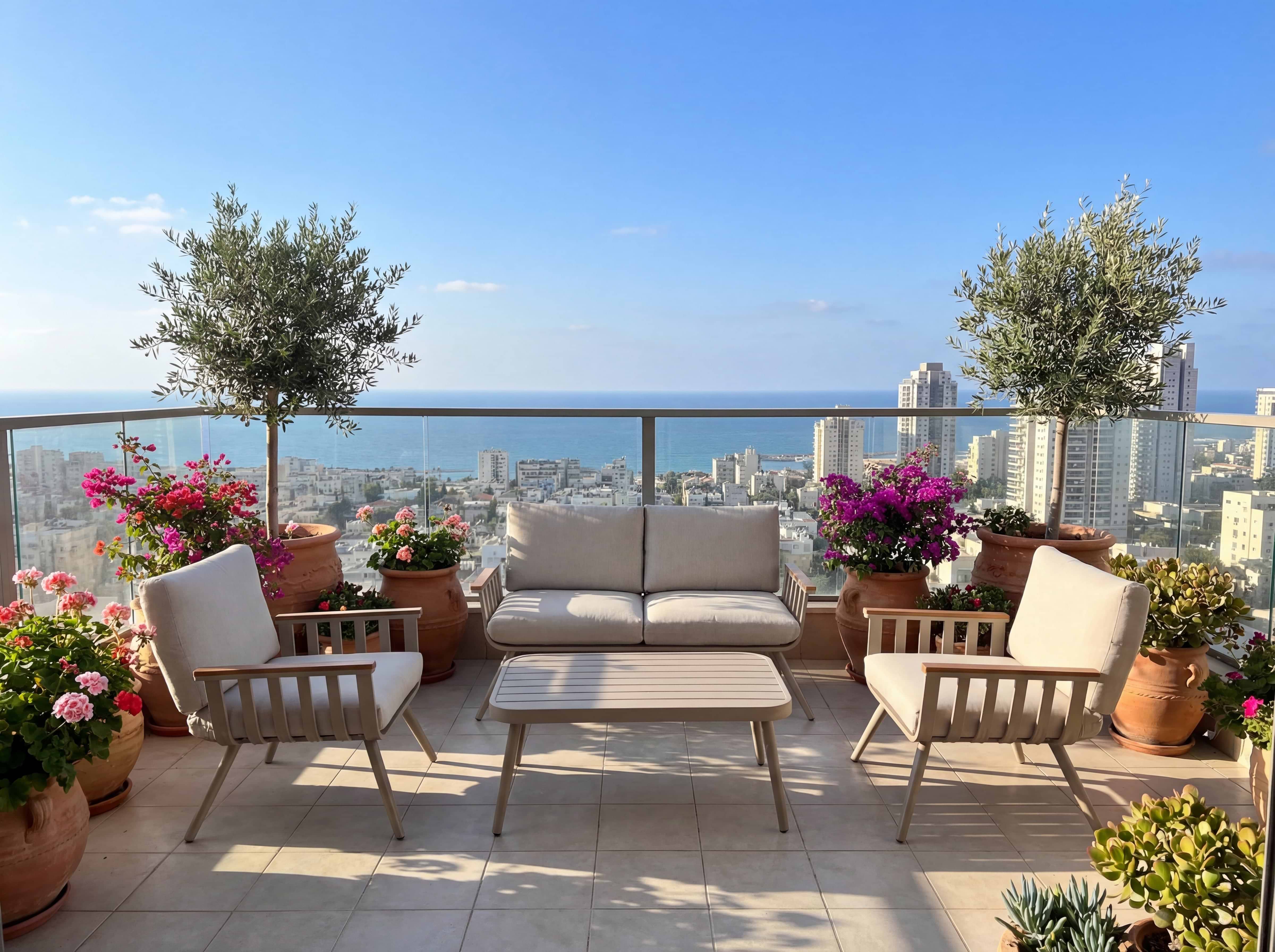 פינת ישיבה לגינה אלומיניום בצבע שמפניה בשילוב ידיות בצבע עץ וכריות בז' דגם שיר