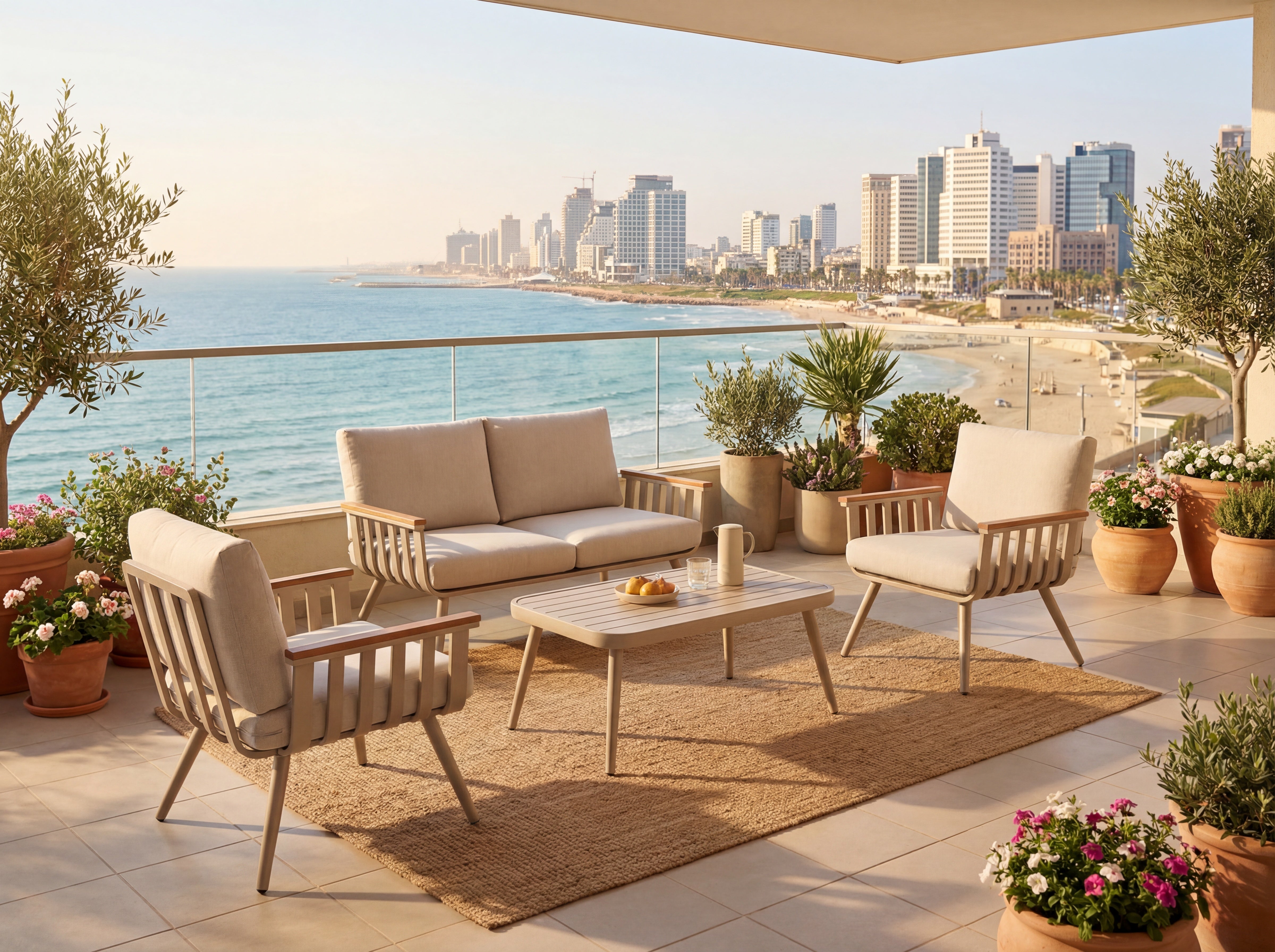 פינת ישיבה לגינה אלומיניום בצבע שמפניה בשילוב ידיות בצבע עץ וכריות בז' דגם שיר