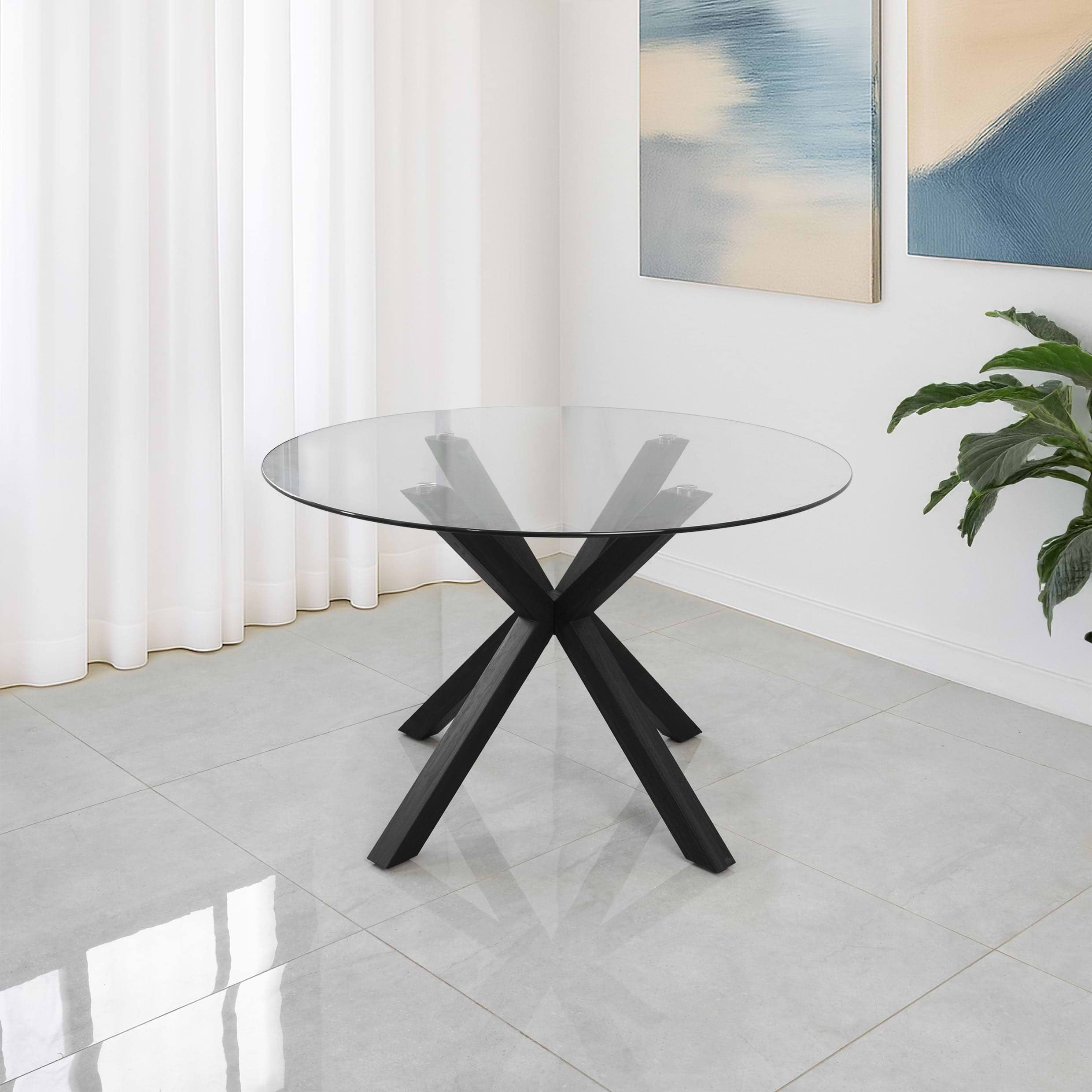 שולחן פינת אוכל זכוכית בשילוב רגלי עץ צבע שחור קוטר 120 ס"מ