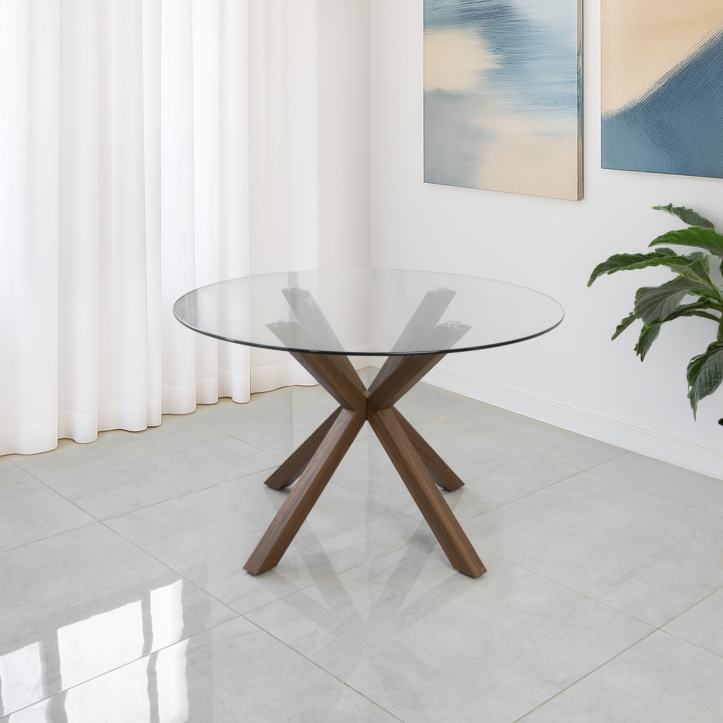 שולחן פינת אוכל זכוכית בשילוב רגלי עץ צבע אגוז קוטר 120 ס"מ