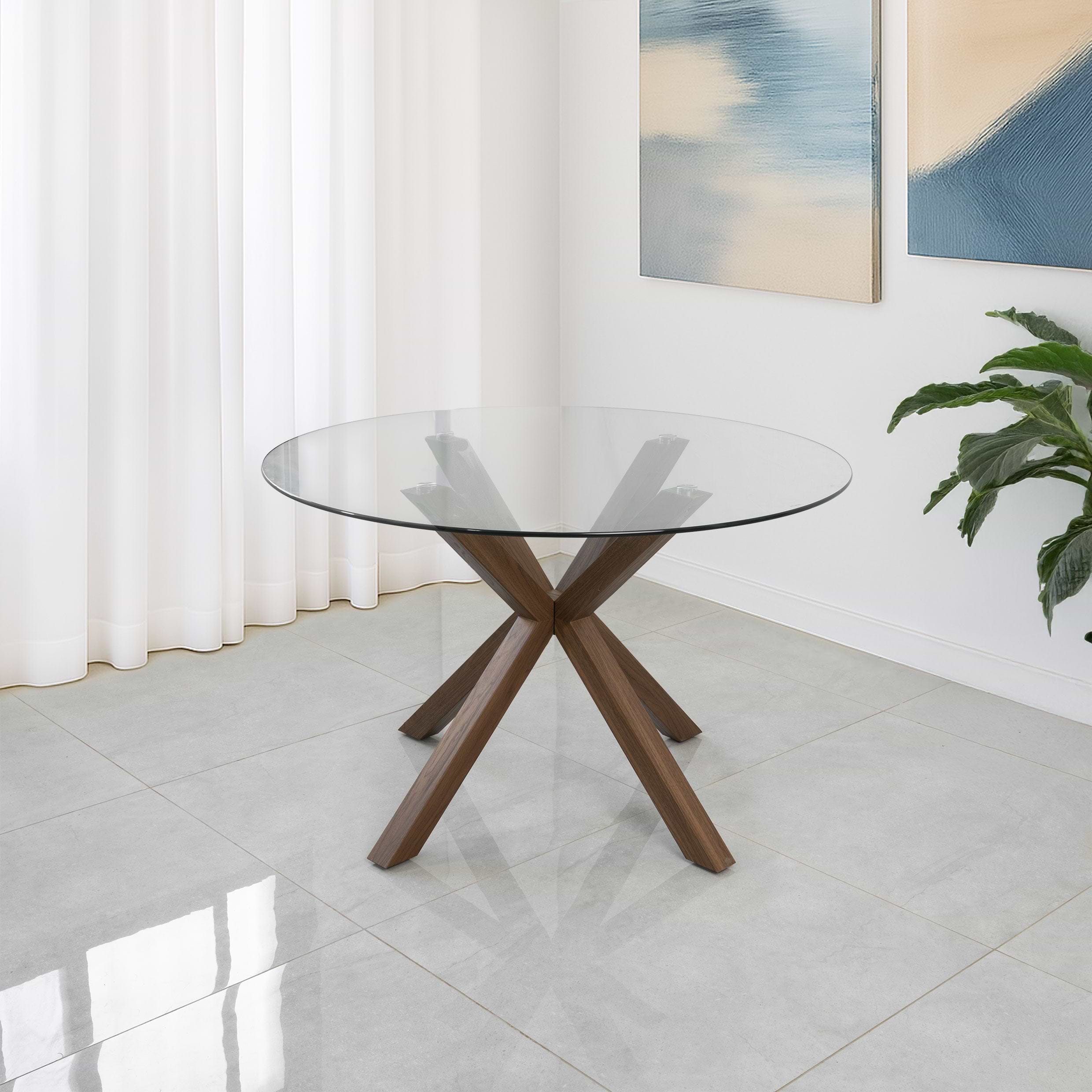 שולחן פינת אוכל זכוכית בשילוב רגלי עץ צבע אגוז קוטר 120 ס"מ