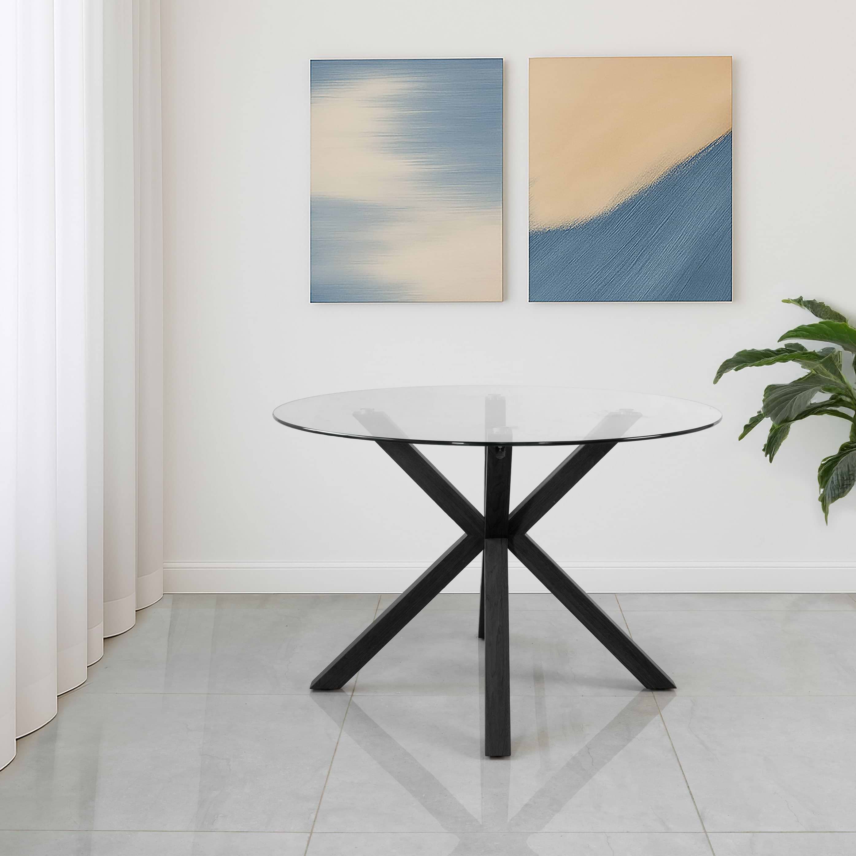 סט פינת אוכל שולחן זכוכית עגול רגל שחורה בשילוב 4 כיסאות ריפוד חול רגל שחור celio