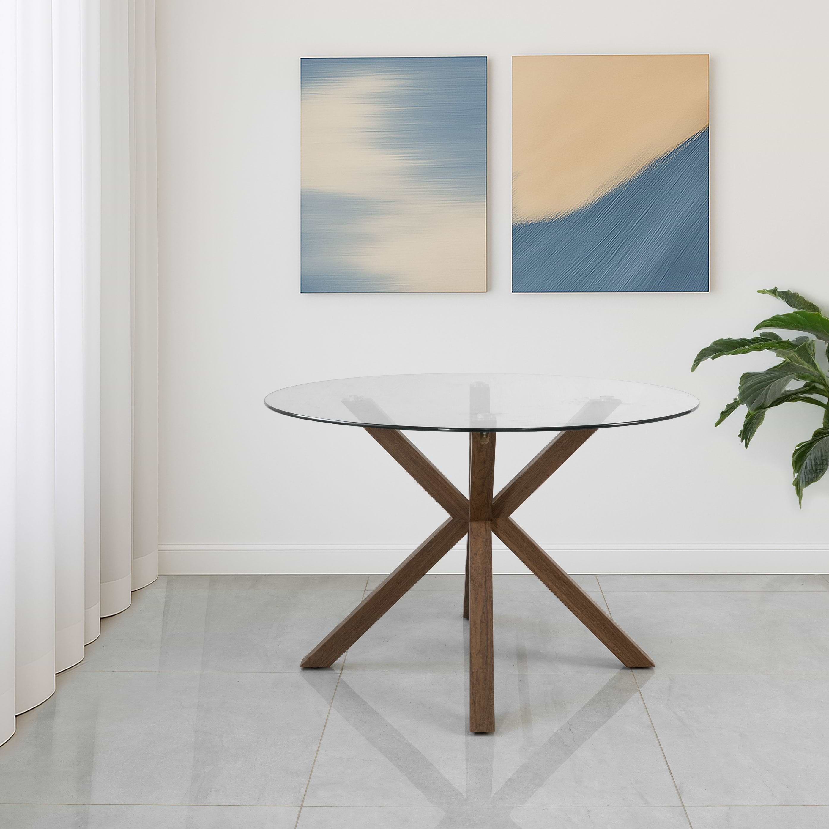 שולחן פינת אוכל זכוכית בשילוב רגלי עץ צבע אגוז קוטר 120 ס"מ