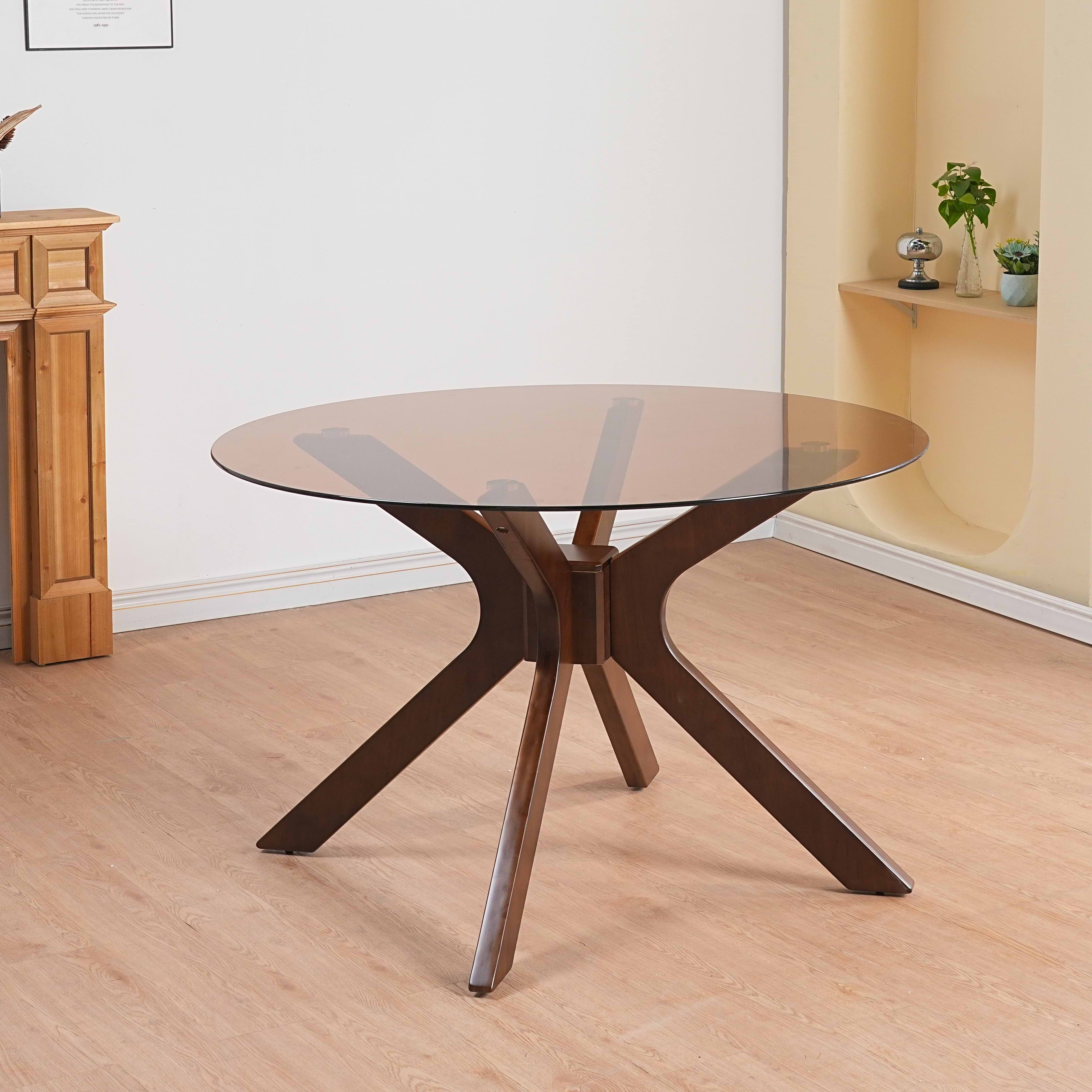 שולחן פינת אוכל זכוכית עגולה חומה עם רגלי אגוז קוטר 120