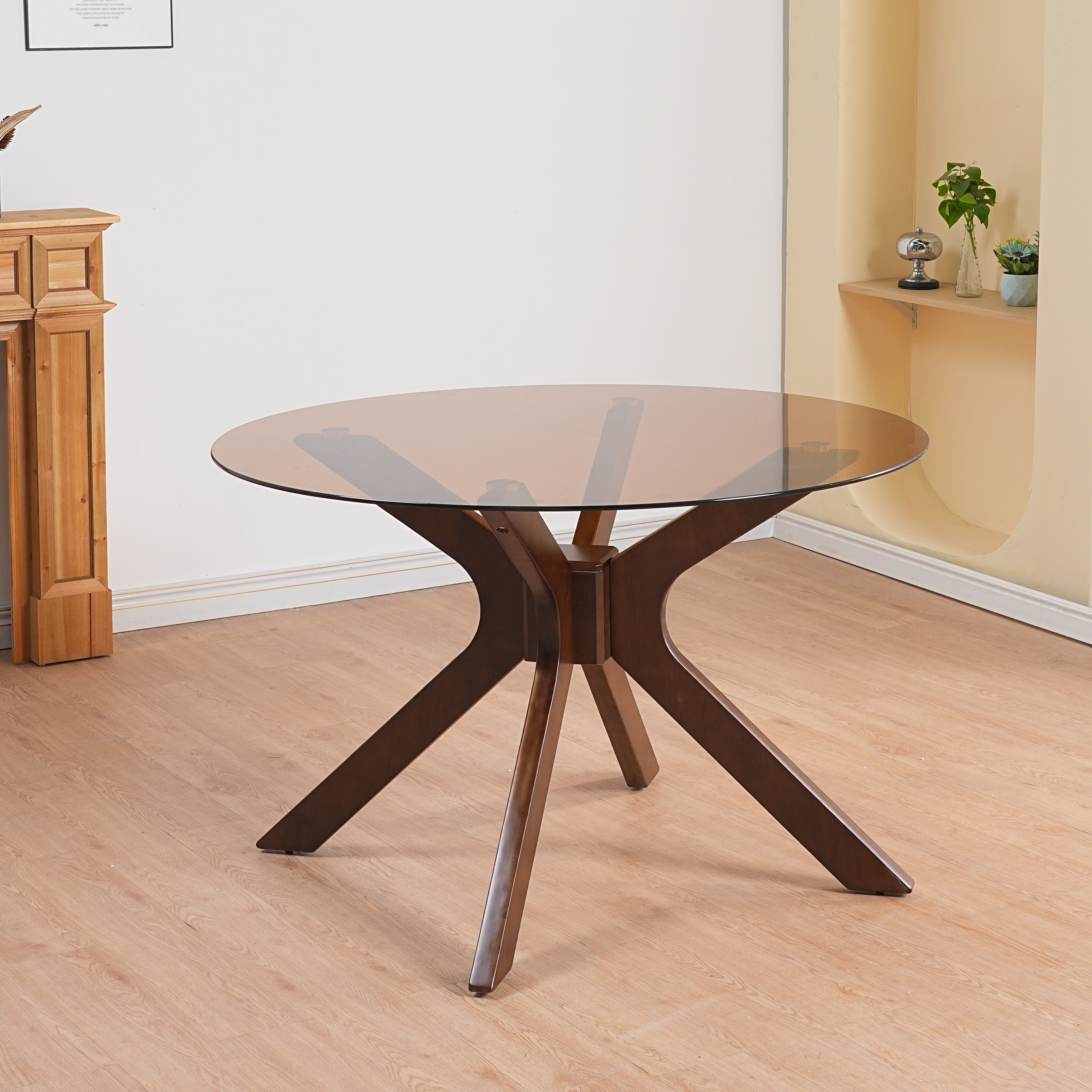 שולחן פינת אוכל זכוכית עגולה חומה עם רגלי אגוז קוטר 120