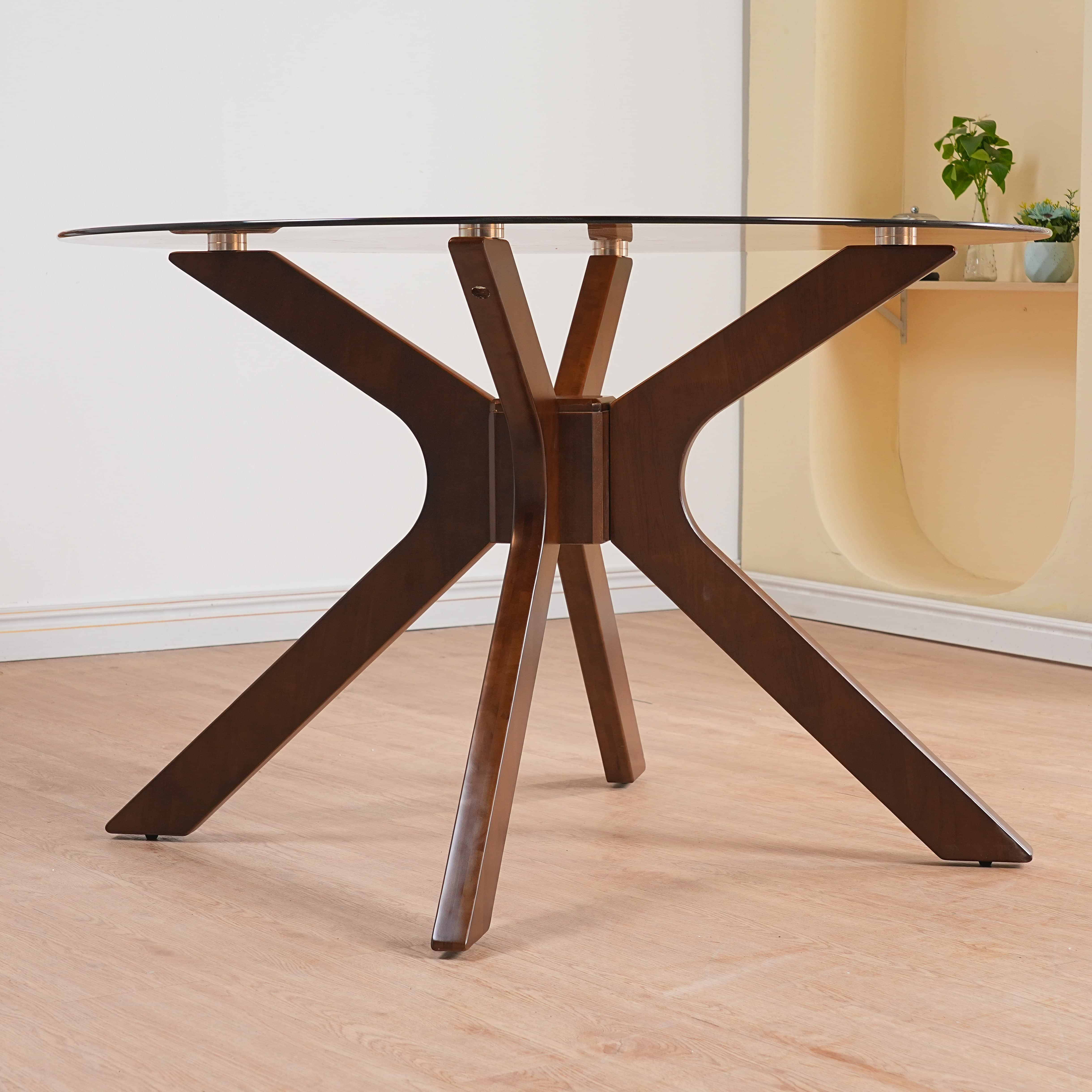 שולחן פינת אוכל זכוכית עגולה חומה עם רגלי אגוז קוטר 120