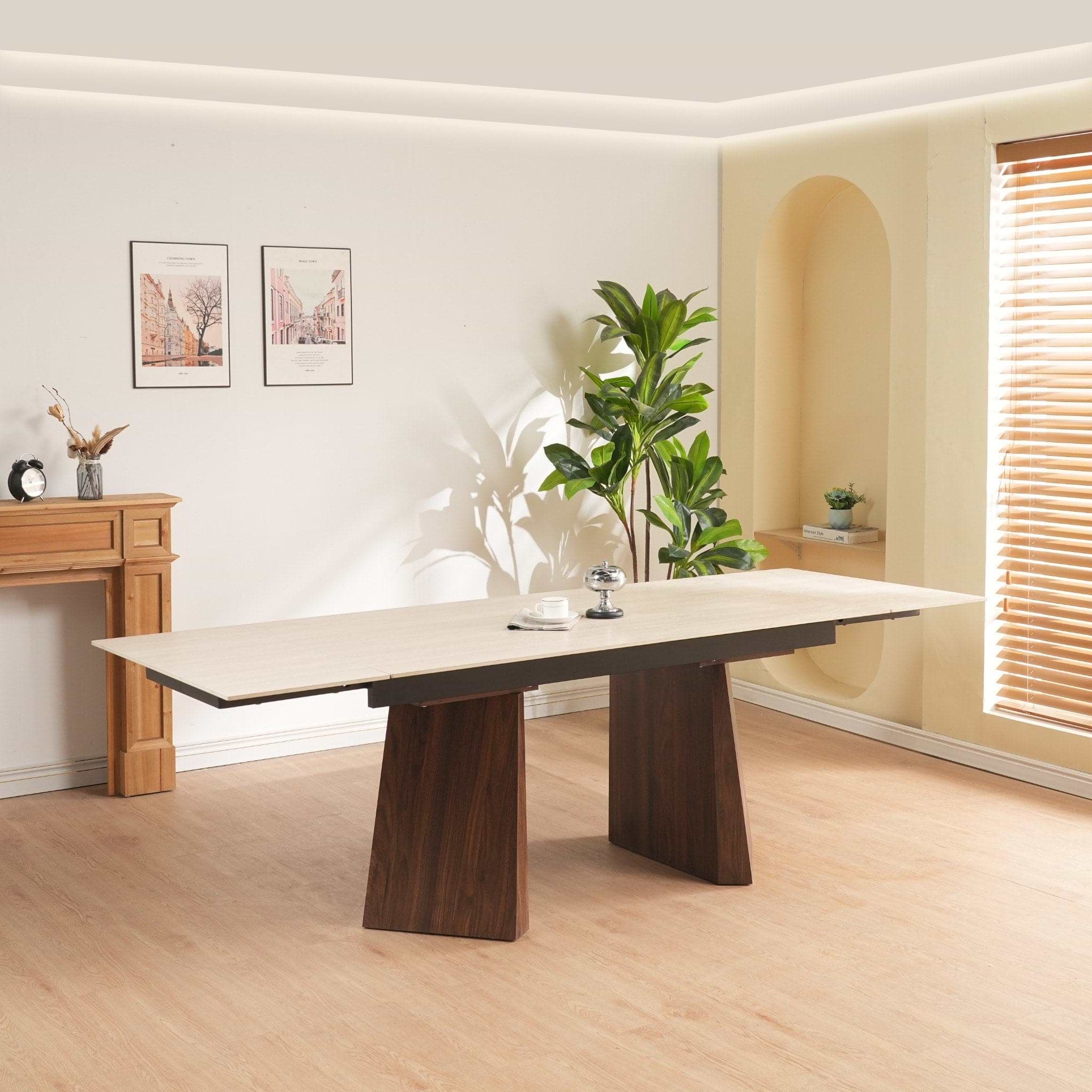 שולחן פינת אוכל נפתח בעיצוב טרוונטין עם רגליים בצבע אגוז 160-240*90 ס"מ PAROS